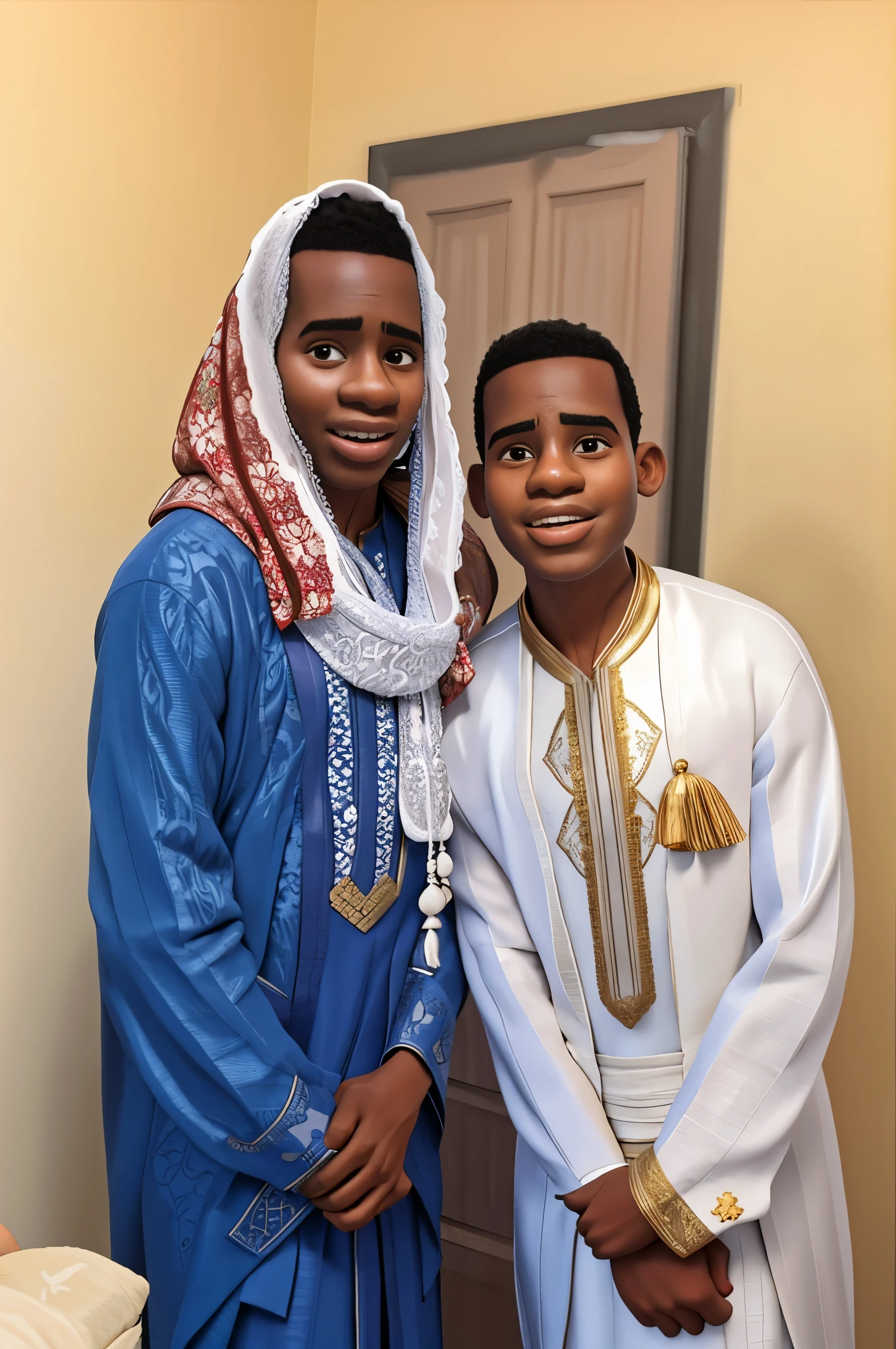 two men in traditionnel clothing standing next to each other, wearing traditionnel garb, Tenue somalienne, porter une tenue authentique, Deux jeunes hommes, traditionnel clothes, Riyahd Cassiem, robe habillée, belle esthétique, porter des robes blanches!, traditionnel, image de profil, émir, Amour, traditionnel clothing, porter des robes et des cravates, traditionnel dress, homme à la peau brune, prince égyptien