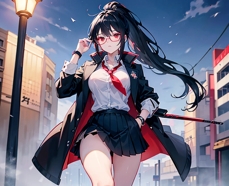 high quality, be familiar with, High resolution, 4K, 8K, perfection_anatomy, Super detailed, anime girl long black hair, seductive anime girl, beautiful and attractive anime woman, anime style, Beautiful charming anime , Smooth anime CG art, attractive anime girl, (anime girl), anime moe art style,1 girl, Fighting girls, full body portrait, warrior, (red eyes,black hair, ponytail below, red under rim_Girl with glasses, Glasses Girl), Expressionless girl, girl in a coat, girl in school uniform, big breasts, big ass, big hips, 17 year old girl, A girl wearing regular school uniform and a coat, wearing glasses and carrying a Japanese sword on her back., midwinter, midnight, In town, Urban Ministry, Nagoya, 極寒のUrban Ministry, blizzard, blizzard, 激しいblizzard, 激しいblizzard, street lamp light, Modern Japan,