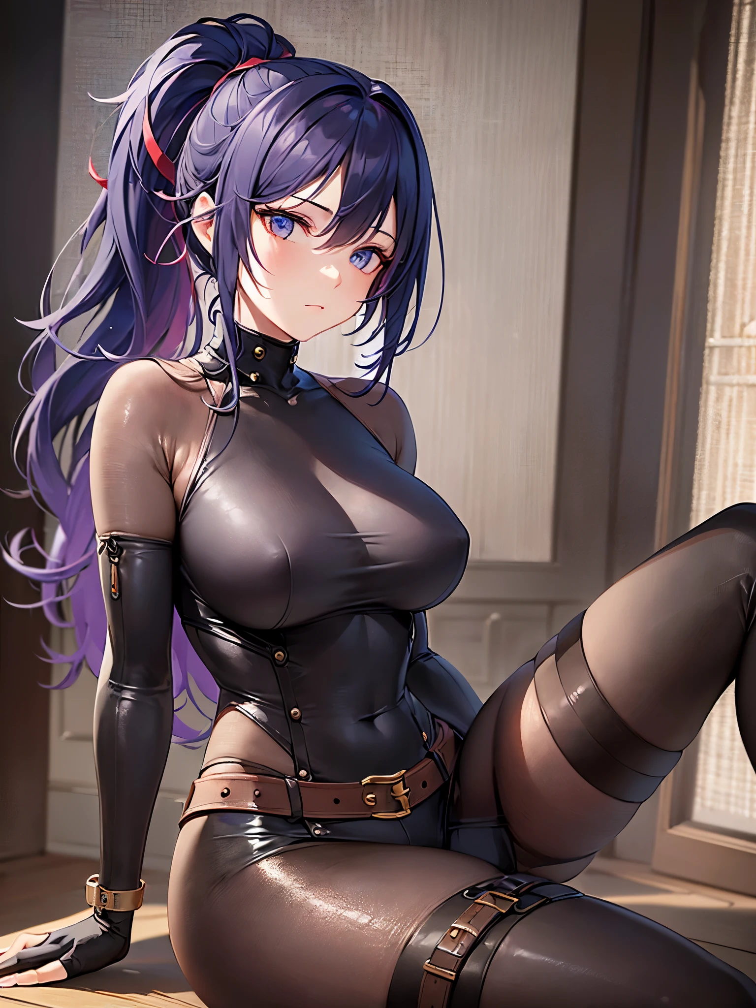 ((highest quality)),(ultra high resolution),(Super detailed),(detailed description),((best CG)),(best work of art),super precision art,great drawing art,(Works with precise details:1.5), (1 woman:1.6),(beautiful and well-shaped face:1.5),(Detailed ponytail:1.6),(Colorful belt bodysuit that tightens your body:1.5),stiletto boots:1.4,,(Eyes staring at you:1.4),(Calm atmosphere:1.7), Seven colors