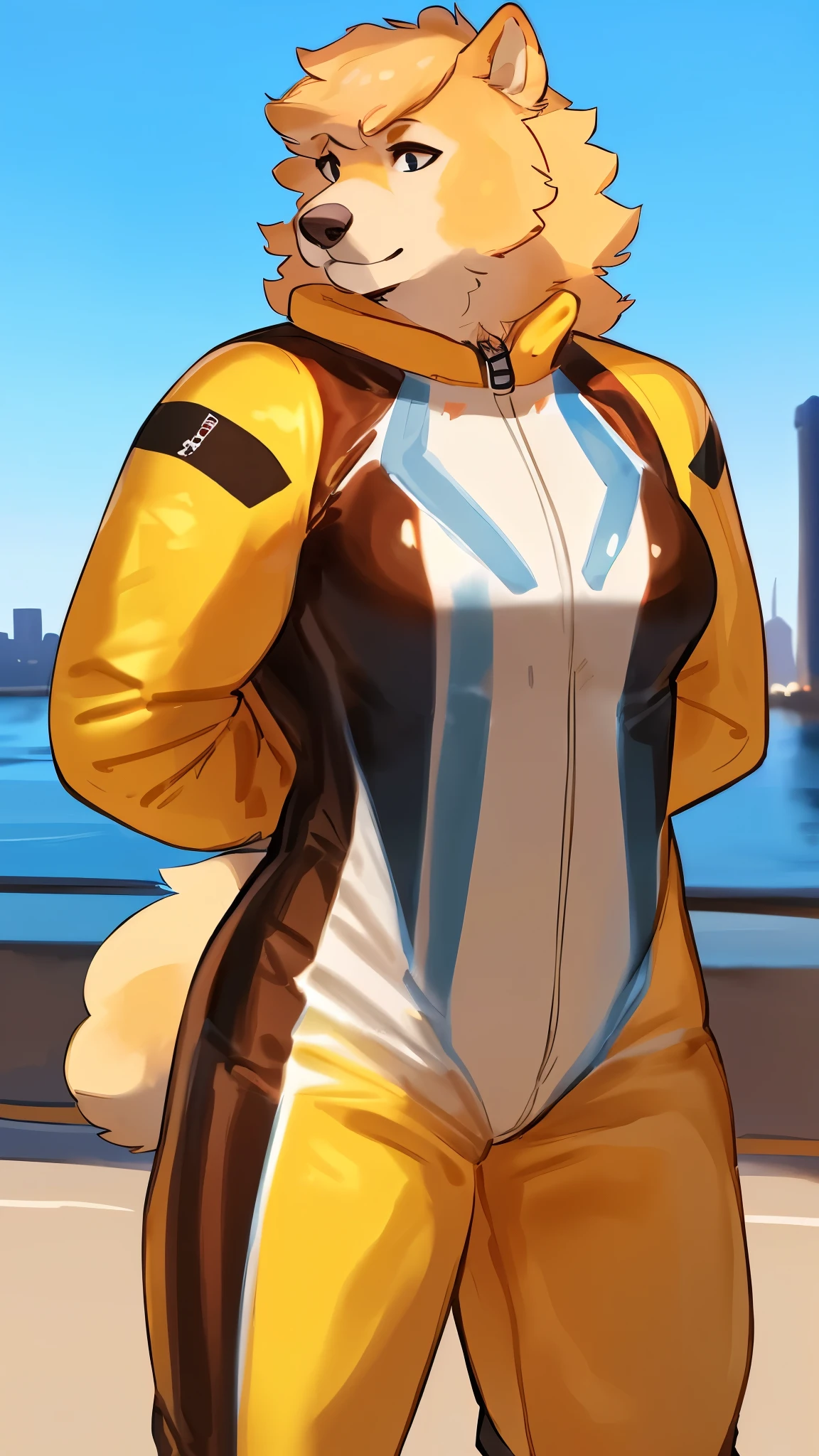 By bebebebebe, by lostgoose, by goonie-san, by buta99, solo, female, canine, wavy hair, (((hair, akita inu))), standing, (tail, snout, detailed eyes), standing, (italian city, detailed eyes), ((armani spacesuit)), big breasts,