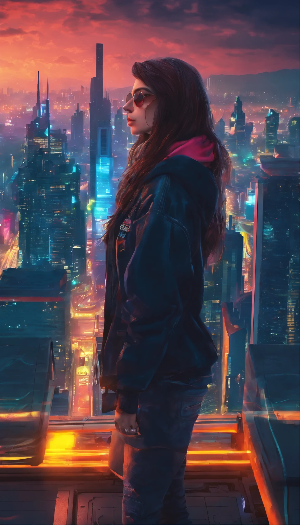 (High quality,Masterpiece:1.2),Mechanical,Fire Phoenix,cyber punk perssonage,detailed feathered,metal wings,Glowing eyes,Futuristic city landscape,Steam powered,Fire and smoke,Neon lights,Machinery,industry,urban,during night,Depth of field,Vibrant colors,shadows and highlights. Generate in such surronding: picture of young, teen woman. She is dressed like hooligan. She is wearing jeans and black hoodie. She has long, black, straight hair. She has blue and sad eyes. She is tall and slim. She is sitting on the roof of very high building and she is looking on the city from above. She is smoking a cigarette. She is backward-facing. Picture is very mysterious and touching, also a bit romantic