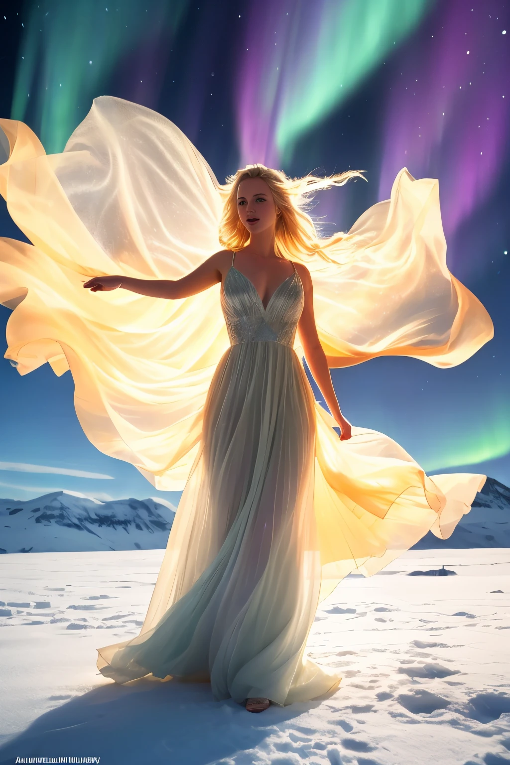 arafed woman in a long dress dancing in the snow, blonde girl in a cosmic dress, with aurora borealis in the sky, wearing a flowing dress, flowing gown, glowing aura around her, aurora in the sky, flowing dress, by Alexander Kucharsky, miss aniela, glowing with magic, marc adamus, beautiful flowing fabric, iceland photography
