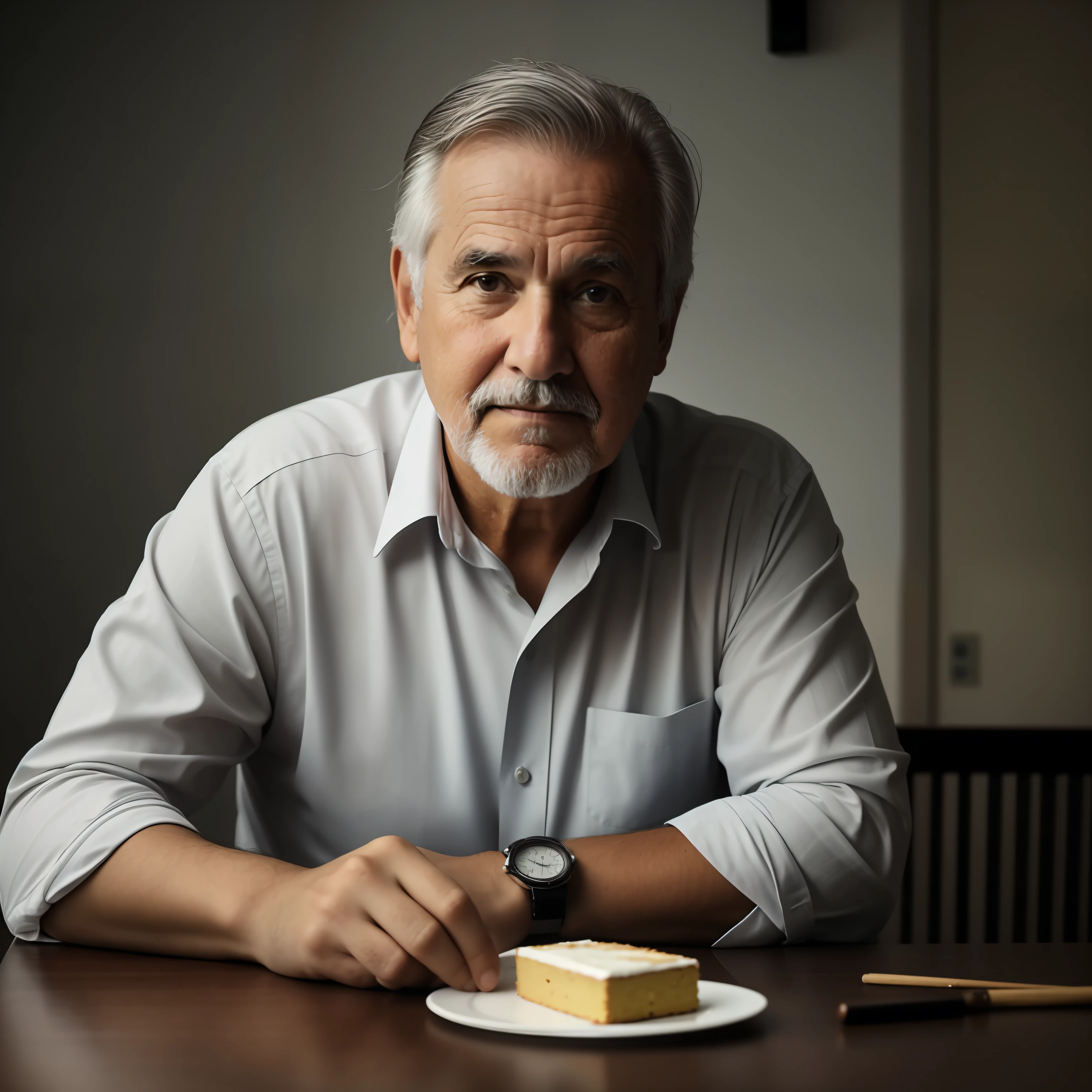 There's a man sitting at a table with a piece of cake, homem de meia-idade, Homem na casa dos 40 anos, foto de um homem branco de 50 anos, homem de cabelos grisalhos escuros, homem bonito, advertising photo, an artistic pose, retrato editorial, foto de um homem, Retrato de 50mm, retrato de alta qualidade, Directed by: Dietmar Damerau