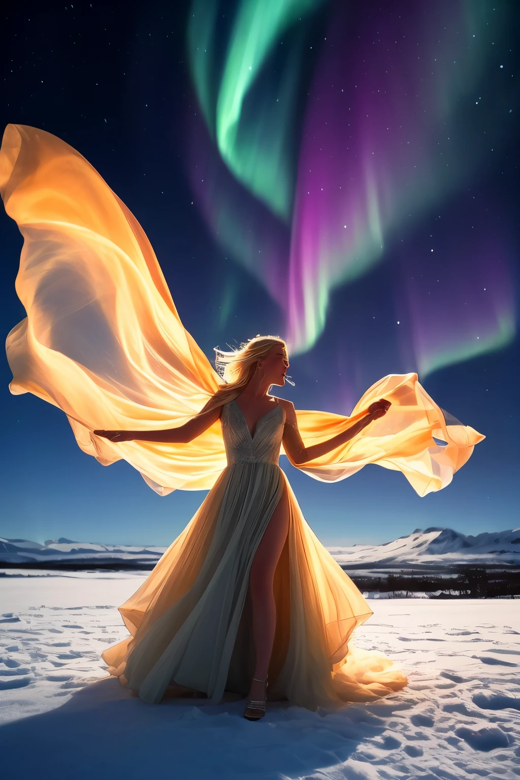 arafed woman in a long dress dancing in the snow, blonde girl in a cosmic dress, with aurora borealis in the sky, wearing a flowing dress, flowing gown, glowing aura around her, aurora in the sky, flowing dress, by Alexander Kucharsky, miss aniela, glowing with magic, marc adamus, beautiful flowing fabric, iceland photography