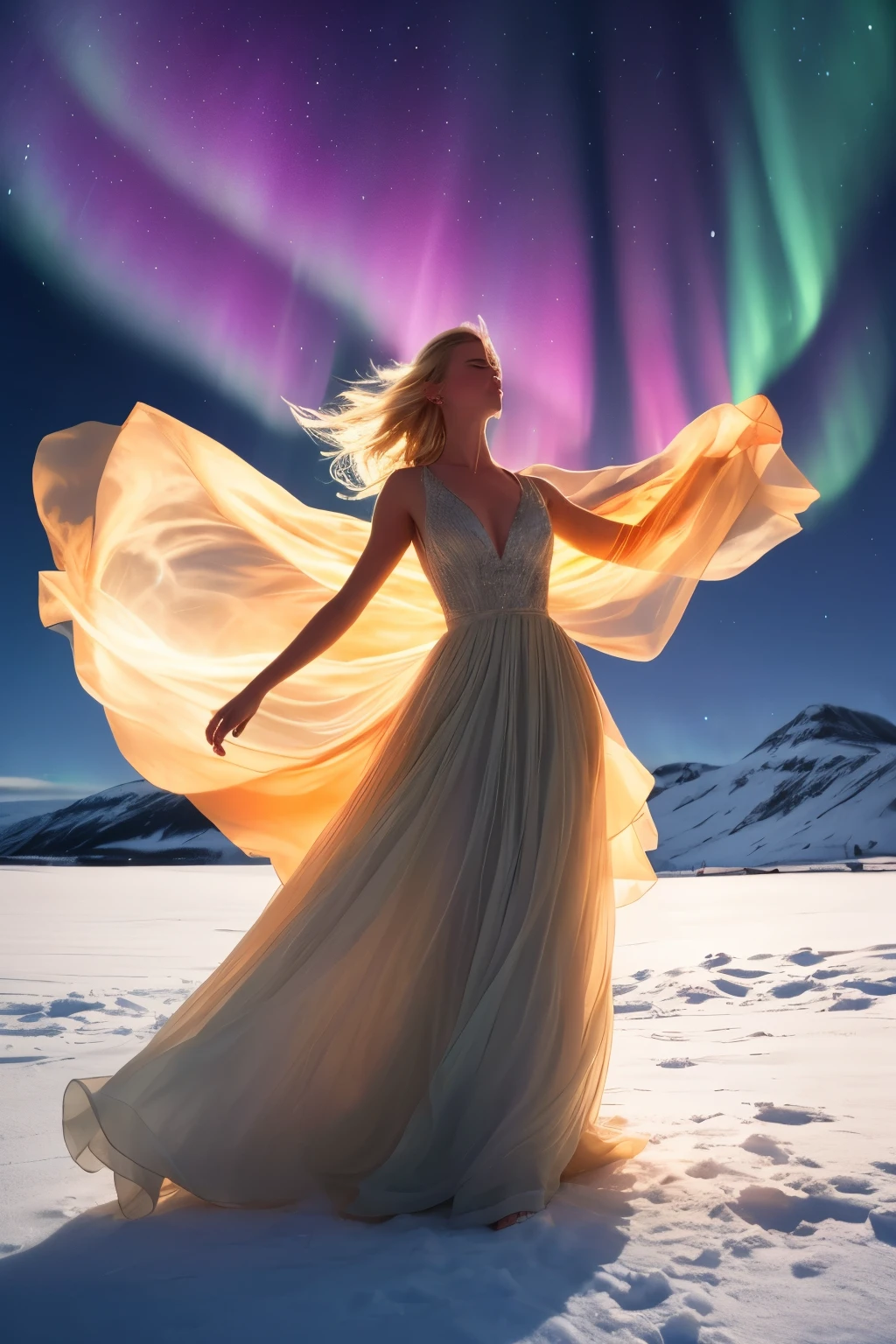 arafed woman in a long dress dancing in the snow, blonde girl in a cosmic dress, with aurora borealis in the sky, wearing a flowing dress, flowing gown, glowing aura around her, aurora in the sky, flowing dress, by Alexander Kucharsky, miss aniela, glowing with magic, marc adamus, beautiful flowing fabric, iceland photography