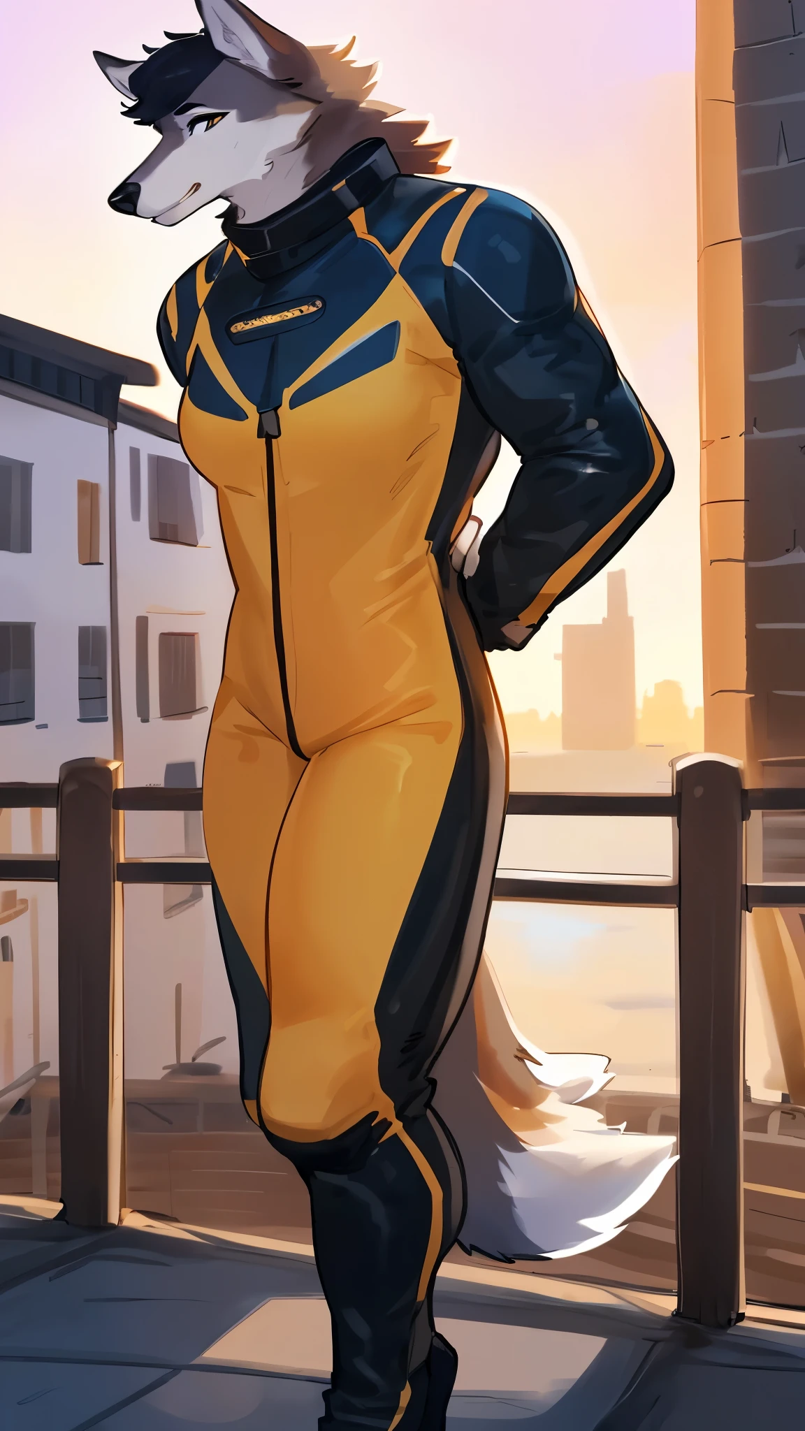 By bebebebebe, by lostgoose, by goonie-san, solo, female, canine, (((hair, wolfdog))), standing, (tail, snout, detailed eyes), standing, (italian city), adult, mature, ((skintight armani spacesuit)), hands behind back, massive, giant, muscular, athletic, huge