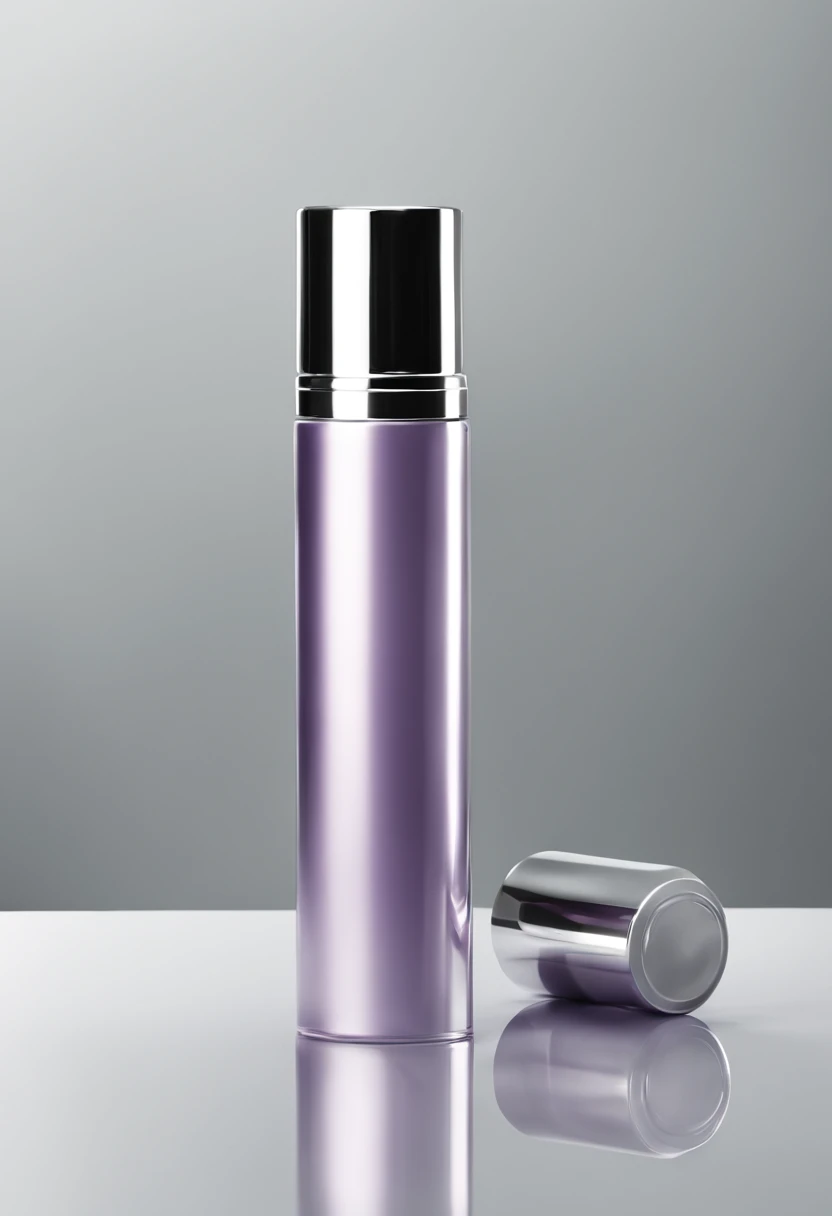Cylindrical cosmetic bottle, light purple liquid inside, silver metallic cap, best image quality.