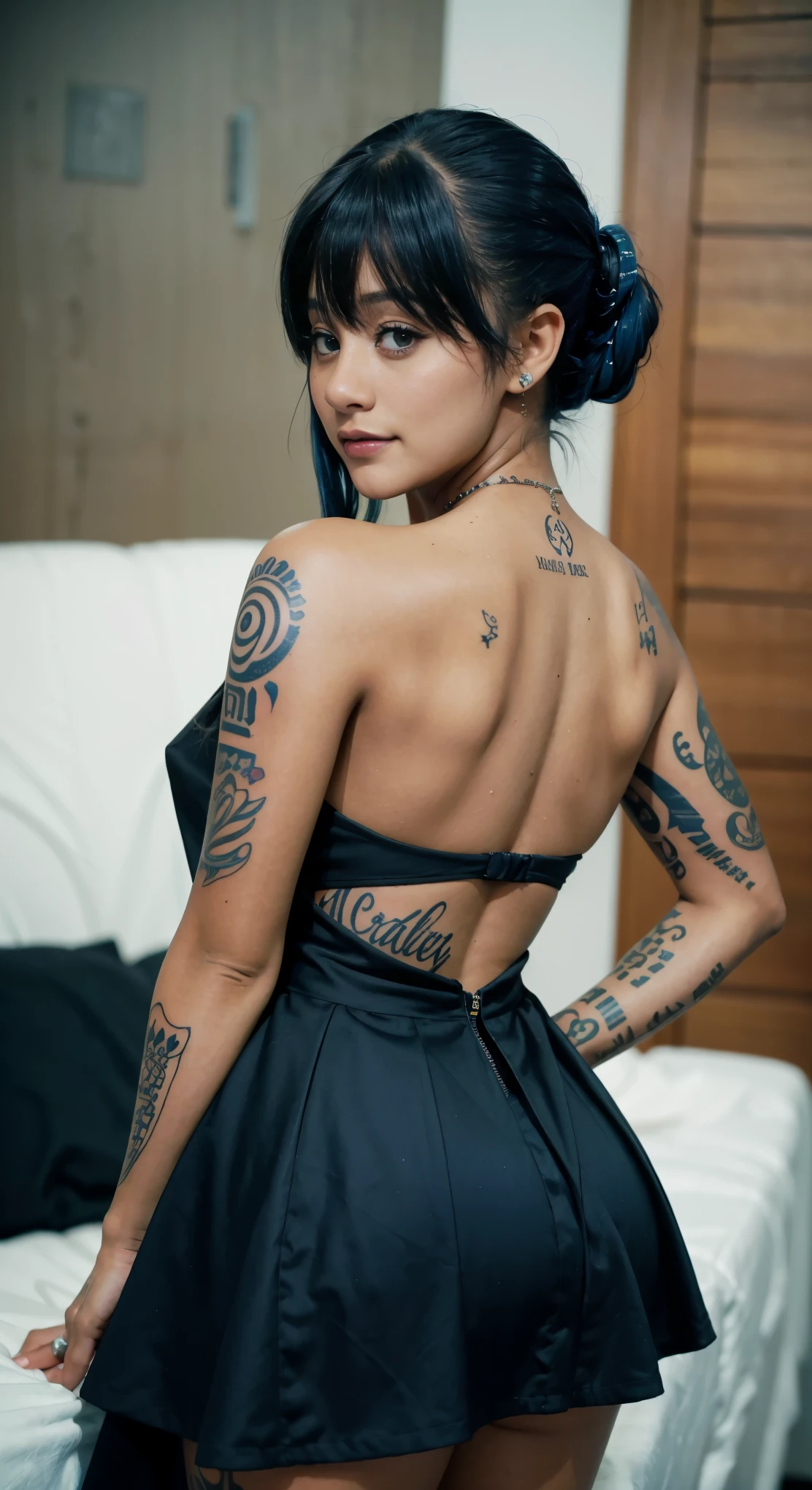 28 years old, gorgeous cute American girl, smile showing teeth, freckles, (dark skin:1.5), (medium blue bangs hair:1.4), (Ariana grande:1.4), a woman with tattoos on her back and a black dress, of taiwanese girl with tattoos, tattoos all over the skin, full-body tattoos, full - body tattoos, tattooed, aeon flux style, with tattoos, gothic tattoos, inked, full body tattoo, tattooed back, back tattoo, yakuza tattoo on body, tattooed body, tattoos, fully tattooed body, tattoo, sexy look, famous beautiful model, good young girl, (masterpiece:1.0), (best_quality:1.0), ultra high res,4K,ultra-detailed, photography, 8K, HDR, highres, absurdres:1.2, Kodak portra 400, blurry background, bokeh, lens flare, (vibrant_color:1.2),professional photograph, (beautiful_face:1.5),(narrow_waist). --v 6
