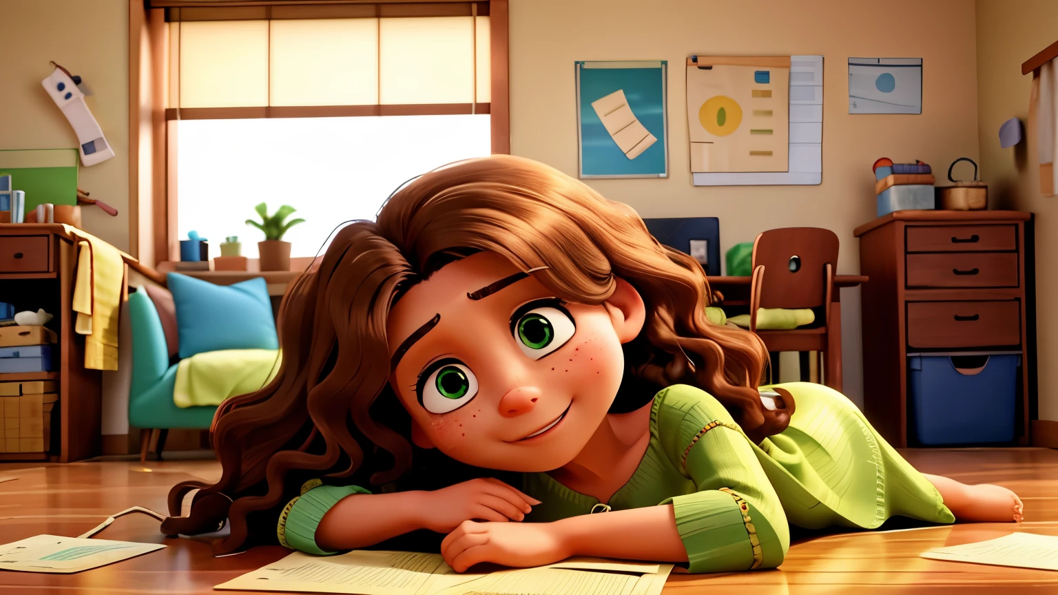 Liana Rebecca, 30-year-old woman, brown, long, curly hair, dark blonde, light eyes, light green loose dress, crying, tears on her face, pensive, head down, head down, lying in her room, lying in her room, surrounded by papers