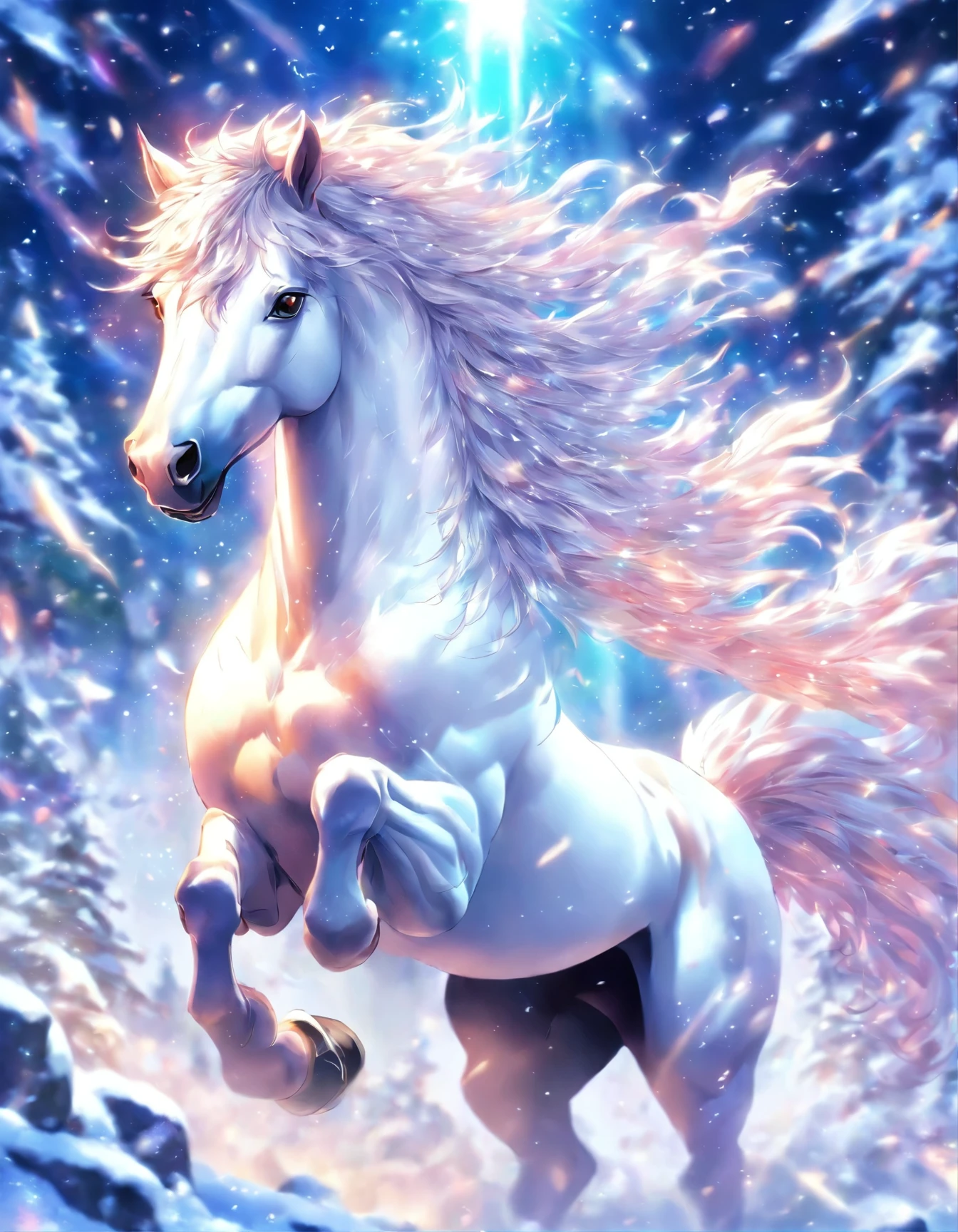 Make a horse as white as snow, e um cavaleiro sentado em cima, e o cavaleiro com uma coroa, destemido a vencer uma batalha