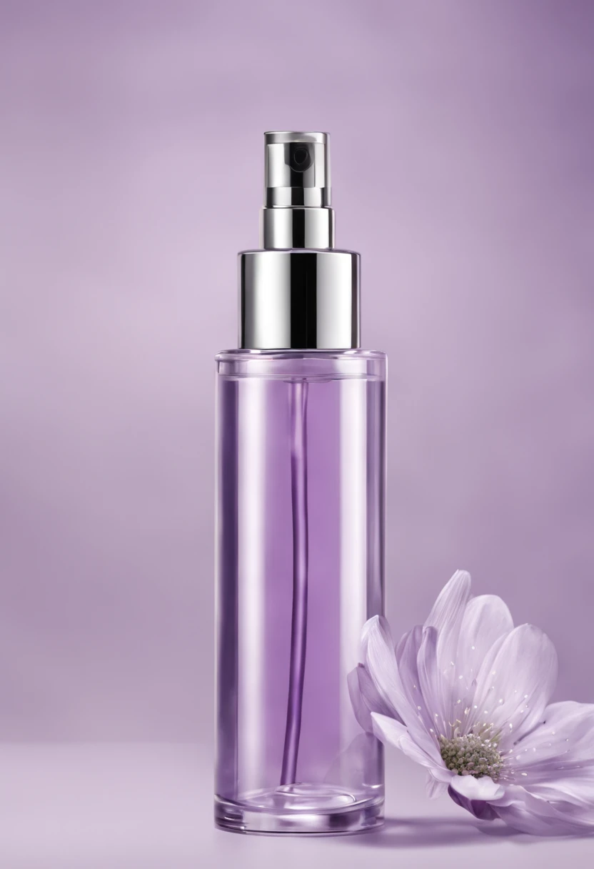 Cylindrical transparent cosmetic bottle, light purple liquid inside, silver metallic cap, single flower, best image quality.