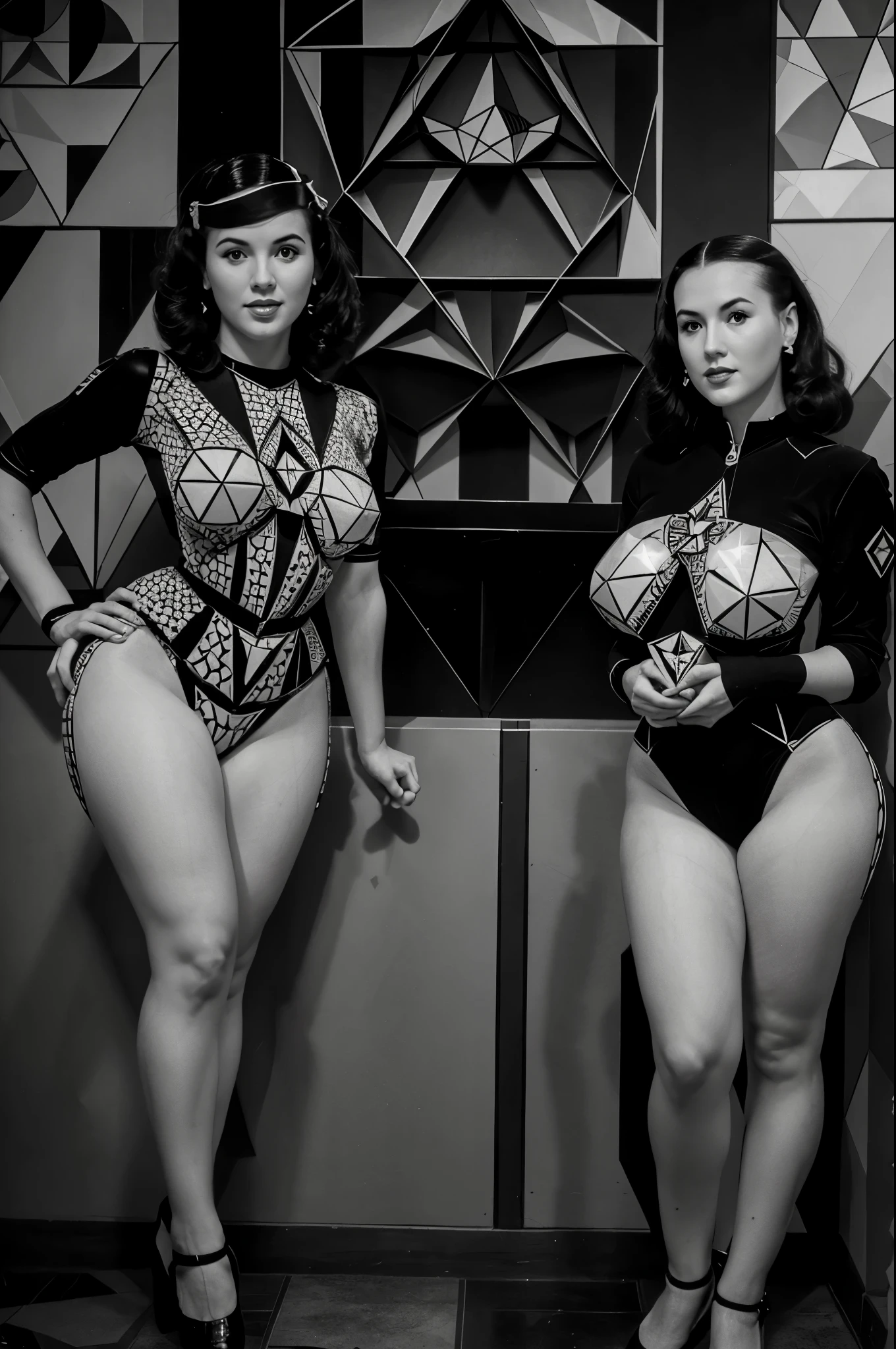 Impressive wartime pin-up girl images, (large tit:1.1), thin, Dressed in retro costumes, Pose gracefully in a nostalgic 1940s air field. Black and white photo adds a vintage feel to the scene, Capturing the essence of iconic pin-up art and vintage aesthetics of the time. (Geometric fractals and Geometric Tessellation:1.6), (full body:1.5), photo realistic, 8k