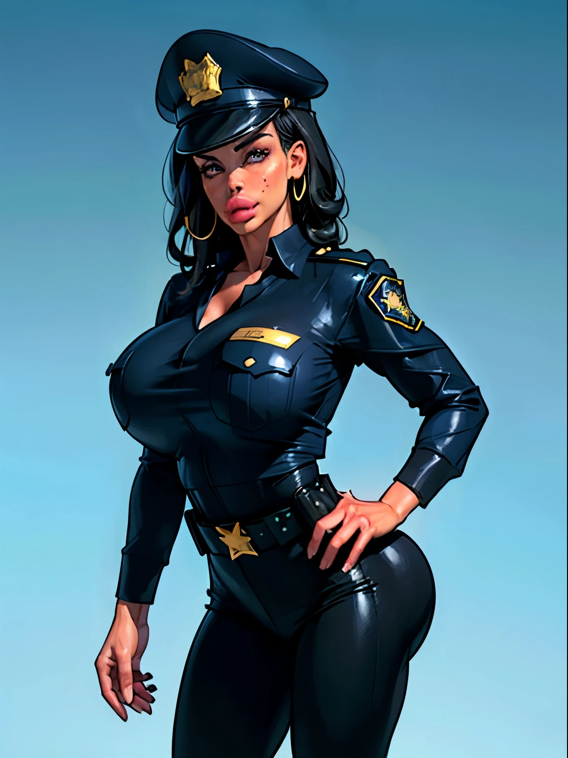 simple blue background (in women's police uniform and police cap: 1.4), (((hat covers forehead))), good hand, 4k, high resolution, masterpiece, ((red uniform)), best quality, head: 1.3, ((Hasselblad photo)), finely detailed skin, ((buttoned up uniform)), clear focus, (cinematic lighting), (black cap), ((red police uniform)), soft lighting, dynamic angle, [:(detailed face: 1.2):0.2], belly gaze, huge breasts, breasts, 1girl, jewelry, earrings, orange_sky, solo, mole, long_curly_hair,   mole, green_eyes, looking_at_viewer, black hair, fashion (head tilt: 1.4), plain background, blue background,