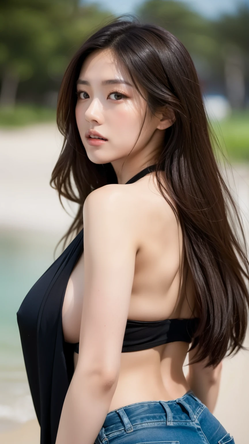 highest quality, 8K, 32K, masterpiece, UHD:1.3), Attractive Japanese woman photo, Brownhead, 1 girl, (huge :1.８), abs, perfect body, super detailed face, detailed lips, fine eyes, double eyelid, topless,  （（Big breasts 1:9））, Vucci、beach、Open、areola、chest emphasis、big butt、yin、hair、