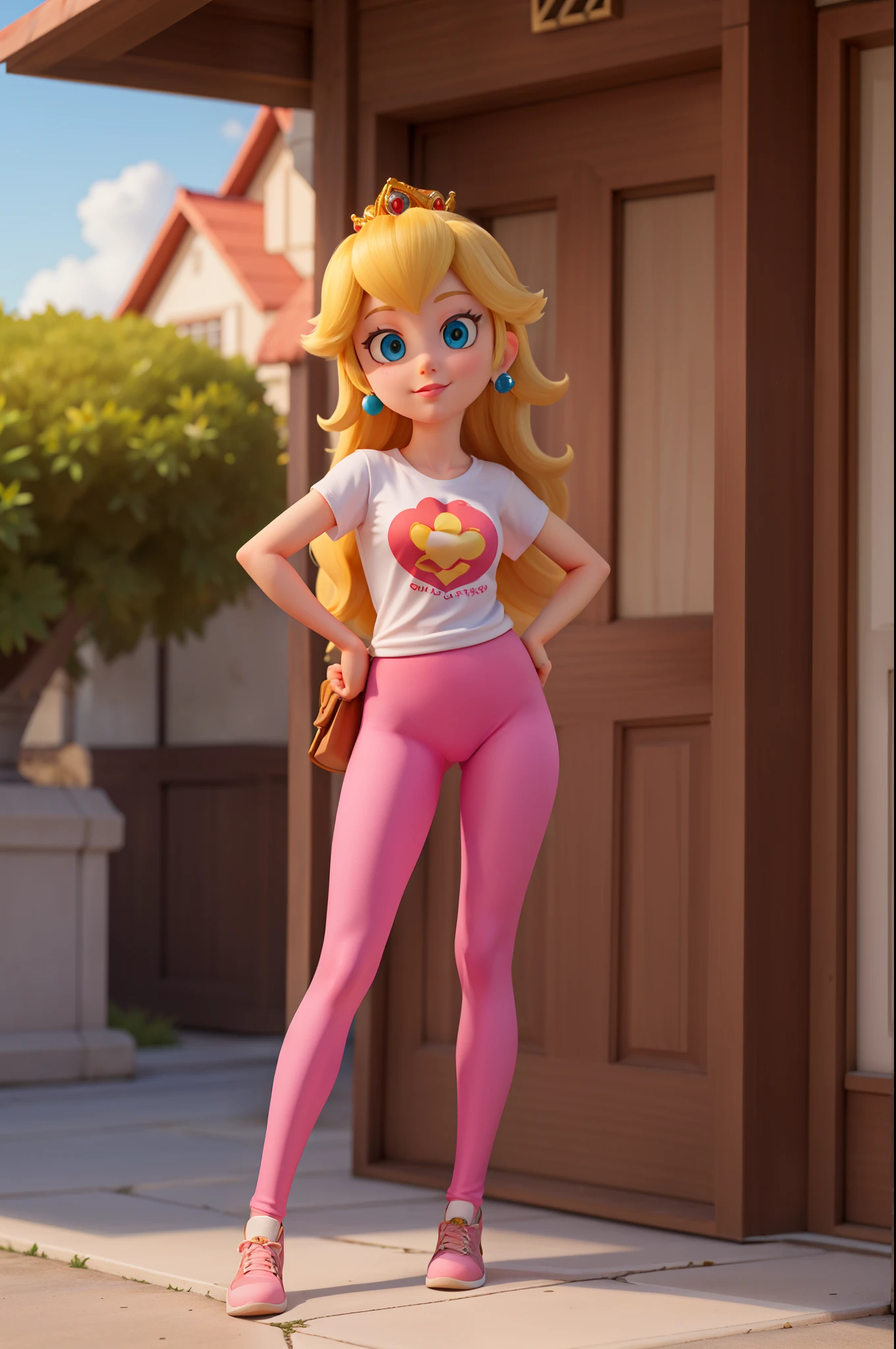 princess peach,Sunzel Leggings,t shirt,looking at the viewer