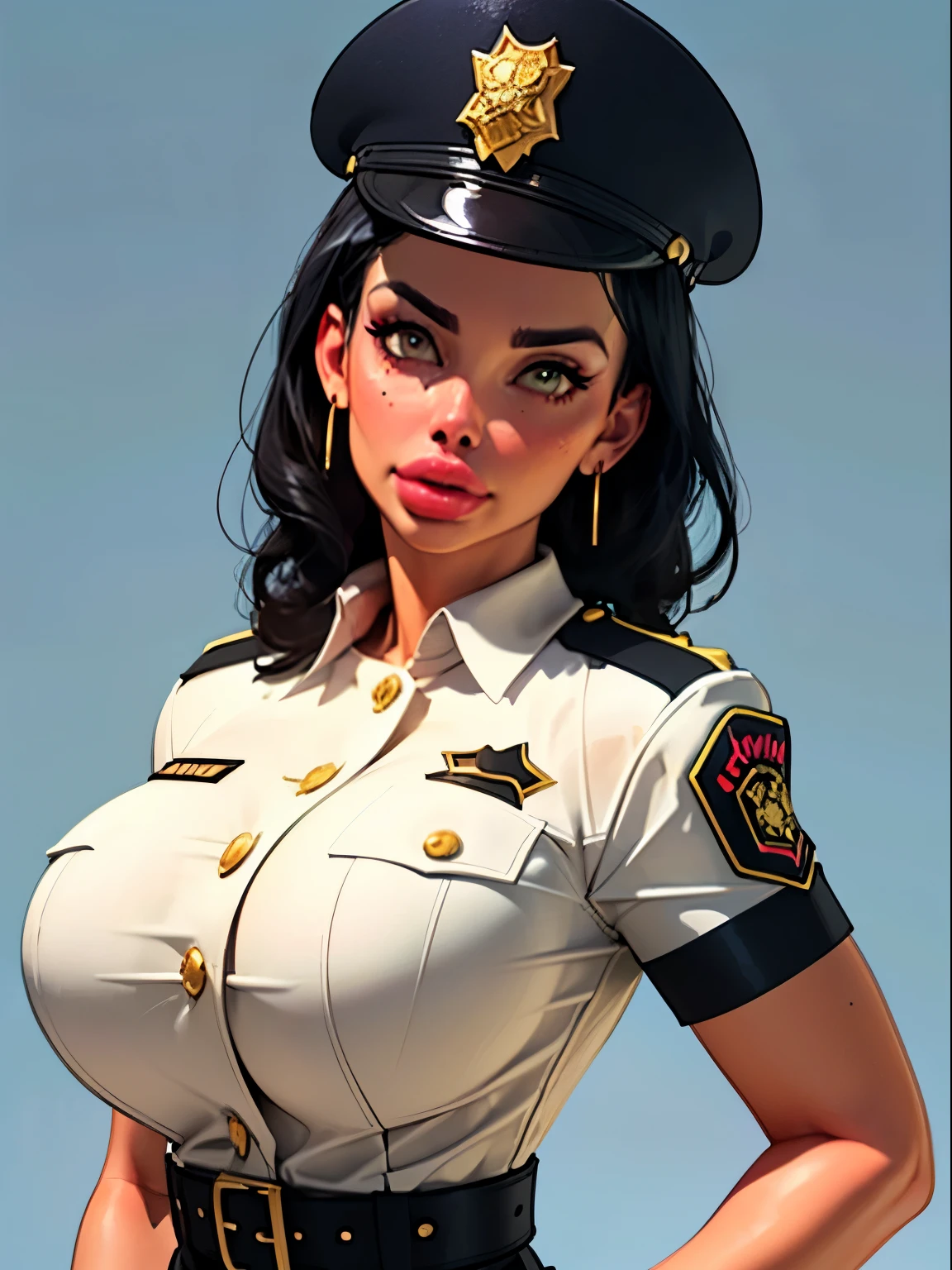 simple blue background (in women's police uniform and police cap: 1.4), (((hat covers forehead))), good hand, 4k, high resolution, masterpiece, ((red uniform)), best quality, head: 1.3, ((Hasselblad photo)), finely detailed skin, ((buttoned up uniform)), clear focus, (cinematic lighting), (black cap), ((red police uniform)), soft lighting, dynamic angle, [:(detailed face: 1.2):0.2], belly gaze, huge breasts, breasts, 1girl, jewelry, earrings, orange_sky, solo, mole, long_curly_hair,   mole, green_eyes, looking_at_viewer, black hair, fashion (head tilt: 1.4), plain background, blue background,