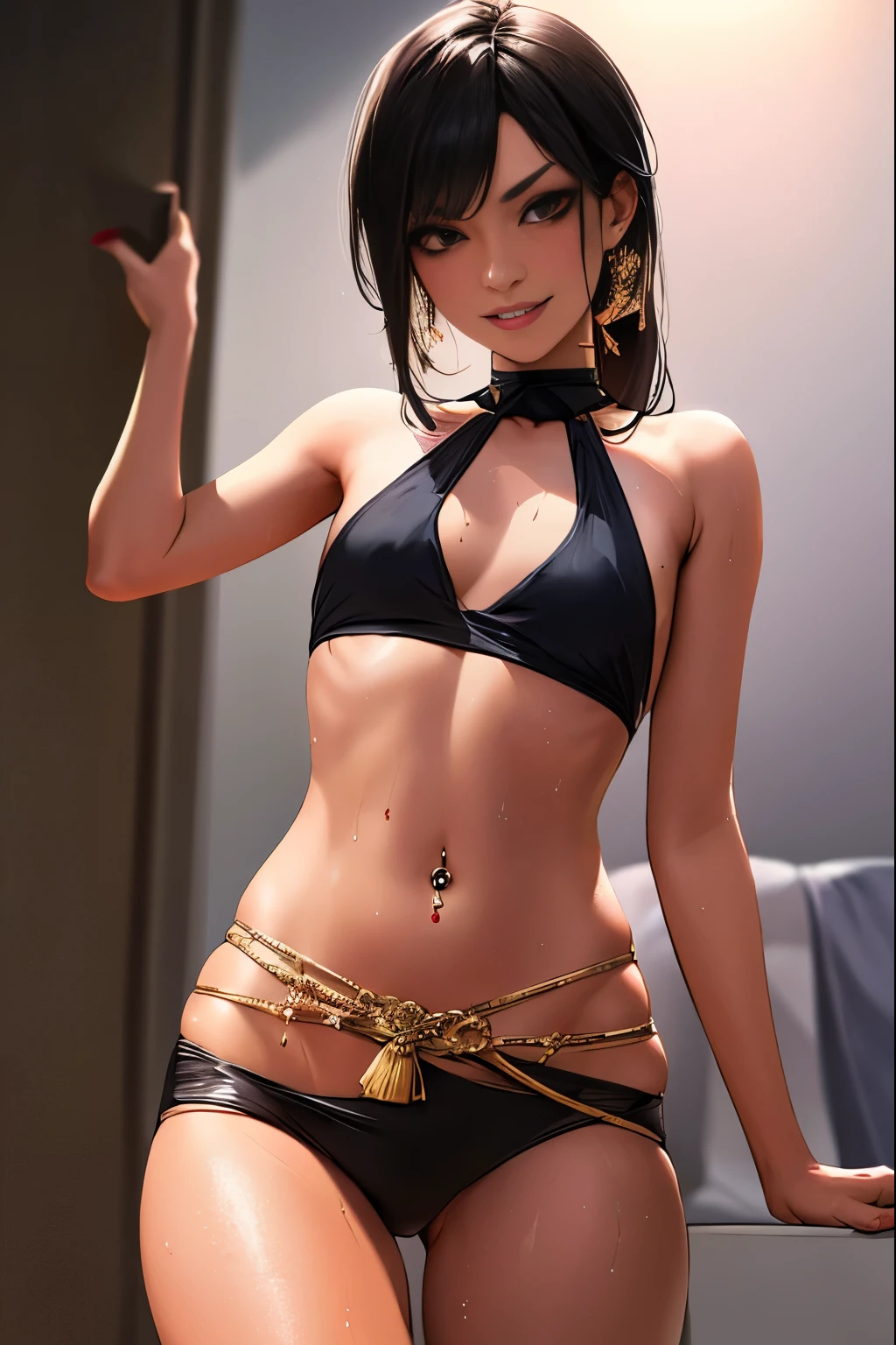 1girl, female, flat chest,Indian religion, saree, armpits,sweaty,tall height, dark skin, smirk, midriff, Nose piercing, black hair,(masterpiece, best quality,highres), dark skin, dark skinned , navel piercing , saree indian