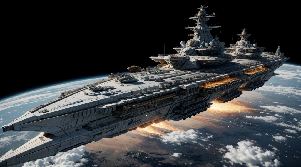Burning spaceship masterpiece, Best quality:1.2, very high detail, ultra quality, artillery towers on the sides, flat two-level case, earth's atmosphere,