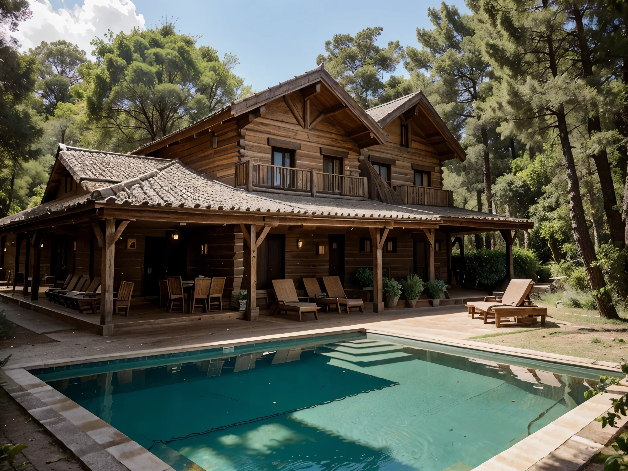 Great rustic hotel, de madera, detallado, big size, in the forest with a large garden with water