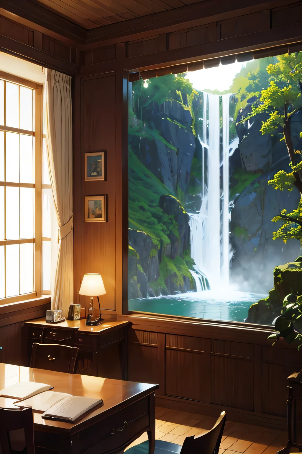 room, desk, lamp, waterfall, java