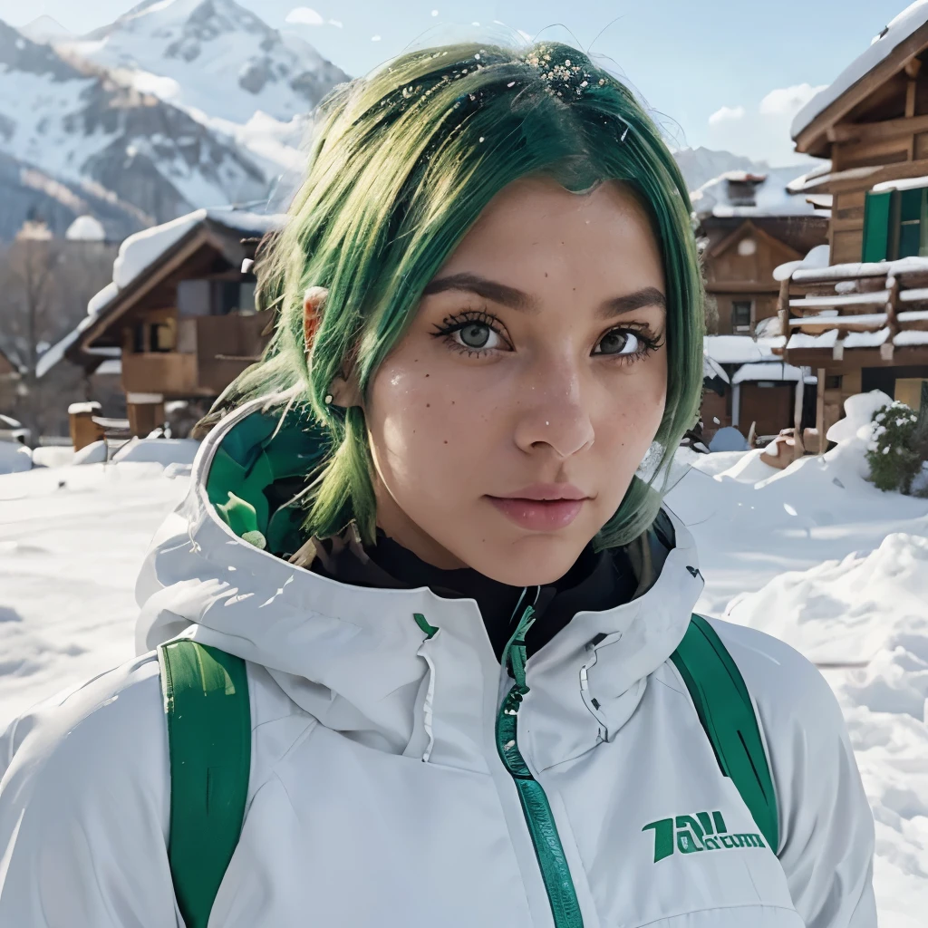 full picture of a muscular ai girl with green hair in the snow dressed in white ski suit , tanned skin, slight freckle , pretty nose, round green eyes, big eyelashes
