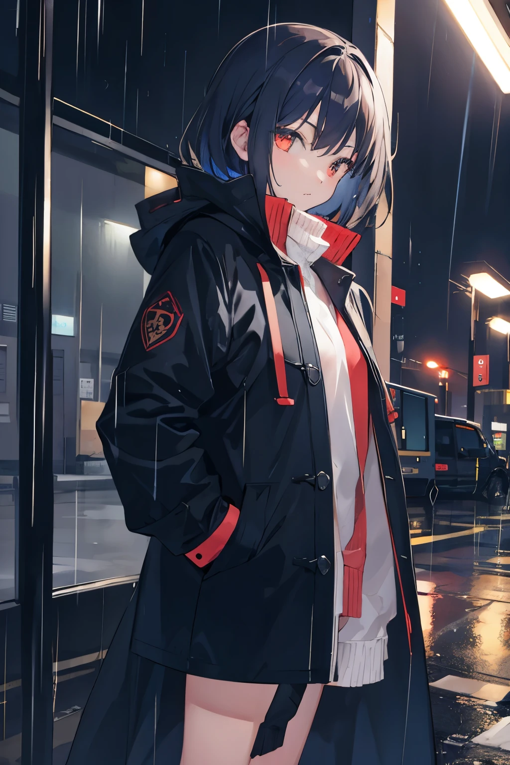 1girl,night city,rain,coat,hands in pockets naked
