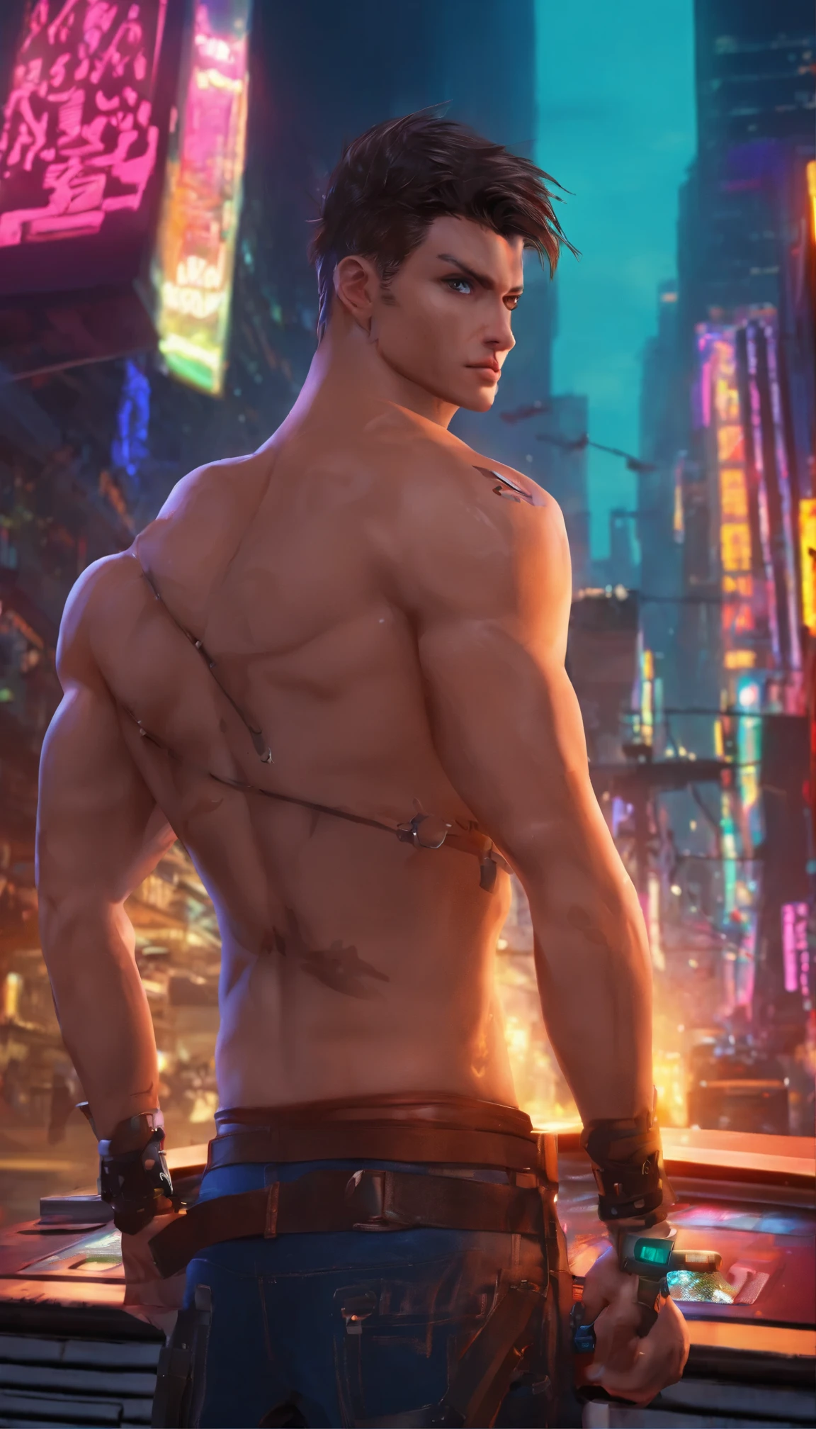 ((Extremely detailed CG unity8k wallpaper)|game_cg|masterpiece|best quality|illustration| {High resolution}|fine painting|aesthetic painting|high detail, beautiful and detailed eyes, detailed face, detailed skin, in this cyberpunk world, a young and handsome male model, wearing thong and white socks, stands on a towering rooftop. The golden ratio of his body is flawless, and the tattoo sparkles in the sun, attracting everyone's attention. His whole body was already soaked. The wind blew through his lean body, swept his belly hair, and his ears shone brightly. He has a glowing nipple stud on his chest that makes him even more unique and charming. And on this towering rooftop, he seems to overlook the bustle and grayness of the entire city. --auto --s2