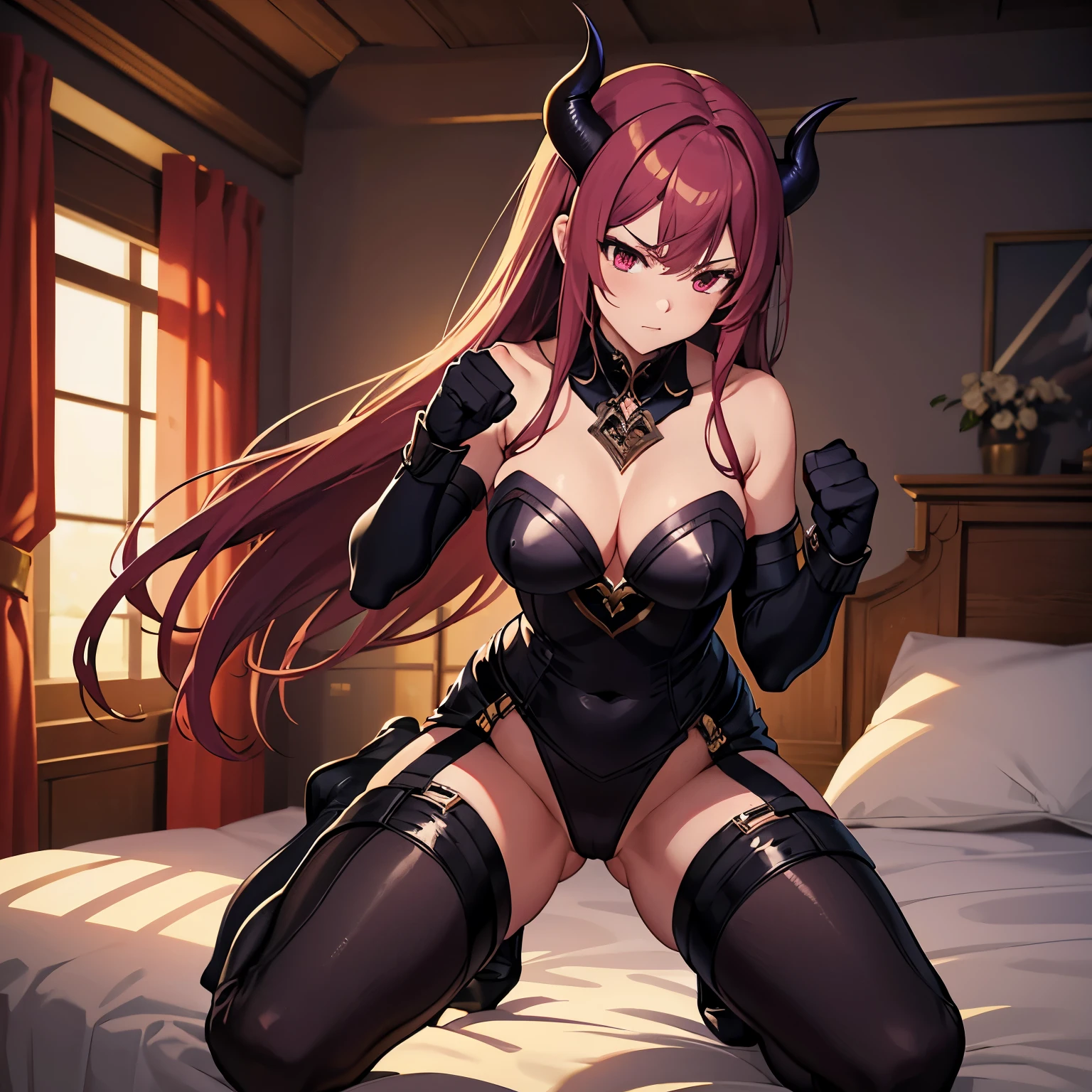 Detailed illustration, POV fighting stile, one noble girl succubus, in tight succubus hand to hand combat outfit without sleeves, in long gloves, boots, clenched her fists, fists raised to shoulder level in fighting position, stand in bedroom, fantasy, portrait