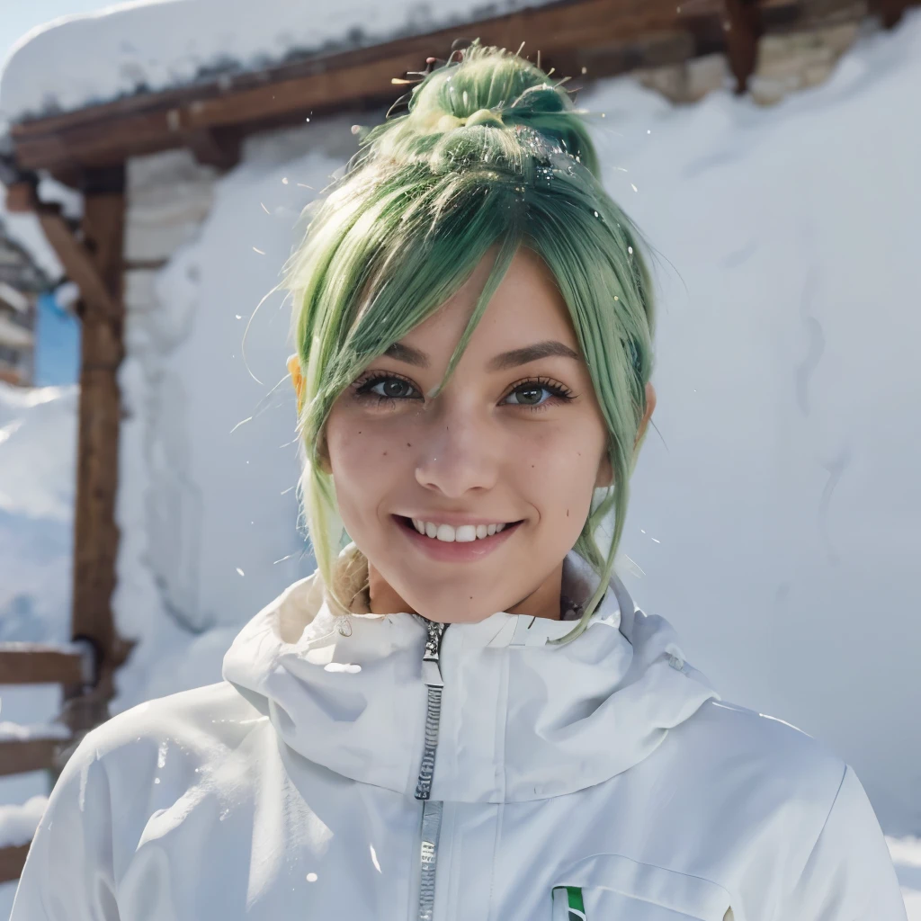 full picture of a smiling muscular ai girl with green hair in the snow dressed in white ski suit , tanned skin, slight freckle , pretty nose, round green eyes, big eyelashes, 