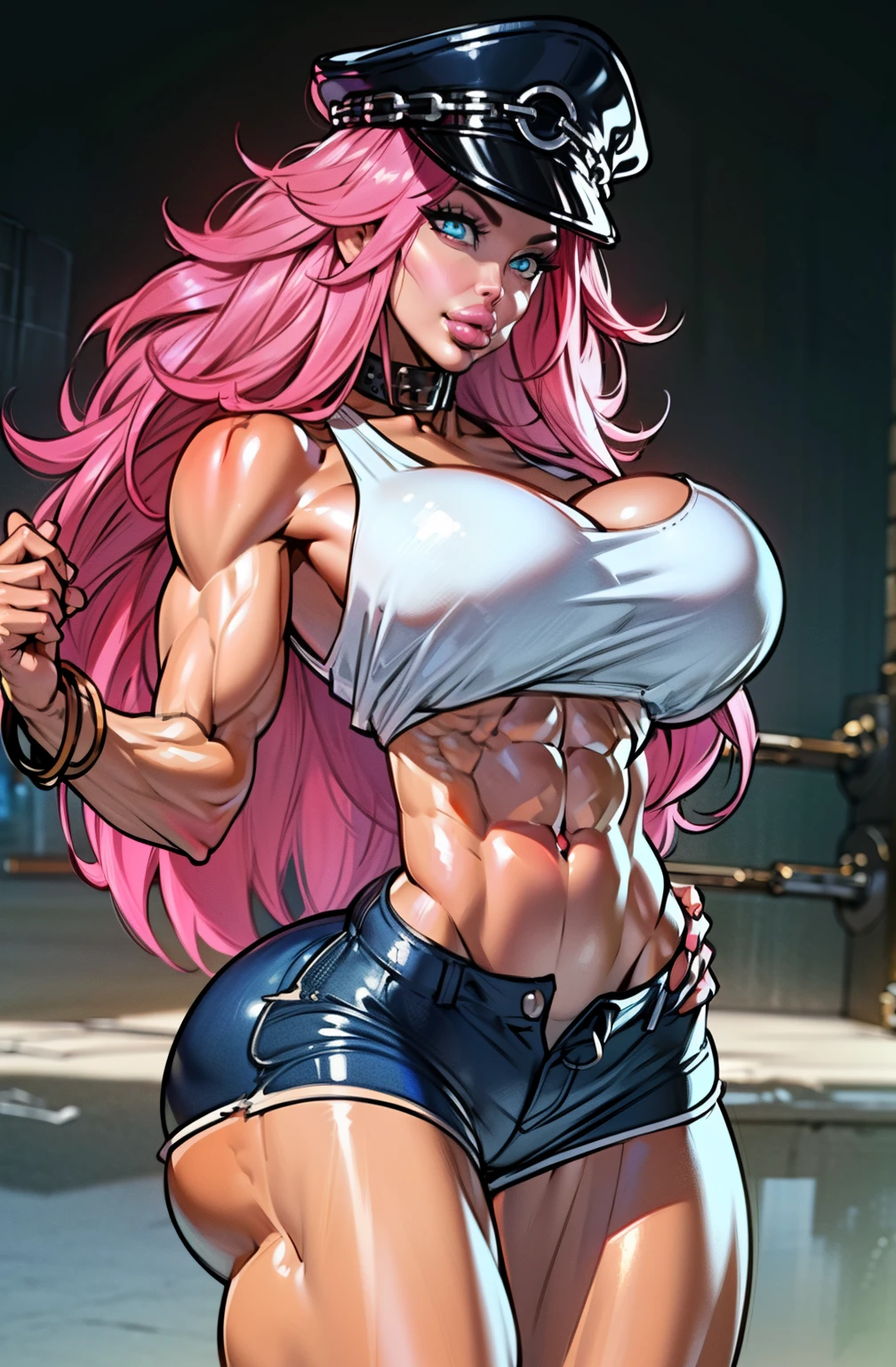 (dark lighting), (ultra intricately detailed), (super-detailed CG: 1.2) , (8K: 1.2),(Original), ((poison)), (Aletta ocean face), street fighter character, ((pink hair)), (police officer cap), (Masterpiece) , (jean shorts), (white tank top), (Best quality),(Masterpiece:1.4),Anime-ish high quality,(Masterpiece),(gigantic breasts), Masterpiece, (((long hair:1.2))), Super clear picture quality，Clearer than movies,（Fine face）Best quality, absurderes,((masterpeace, 4K, 8K, Yes, A high resolution))1girll, bikini model，Ten-pack abs，Ten-pack abs，Ten-pack abs，Ten-pack abs，Ten-pack abs，Ten-pack abs，Ten-pack abs