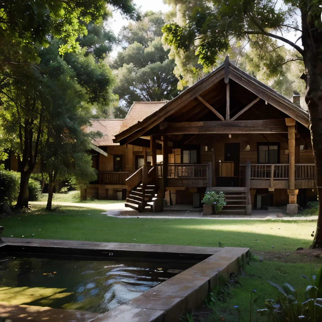 Great rustic hotel, de madera, detallado,muchas habitaciones, in the forest with a large garden con un rio