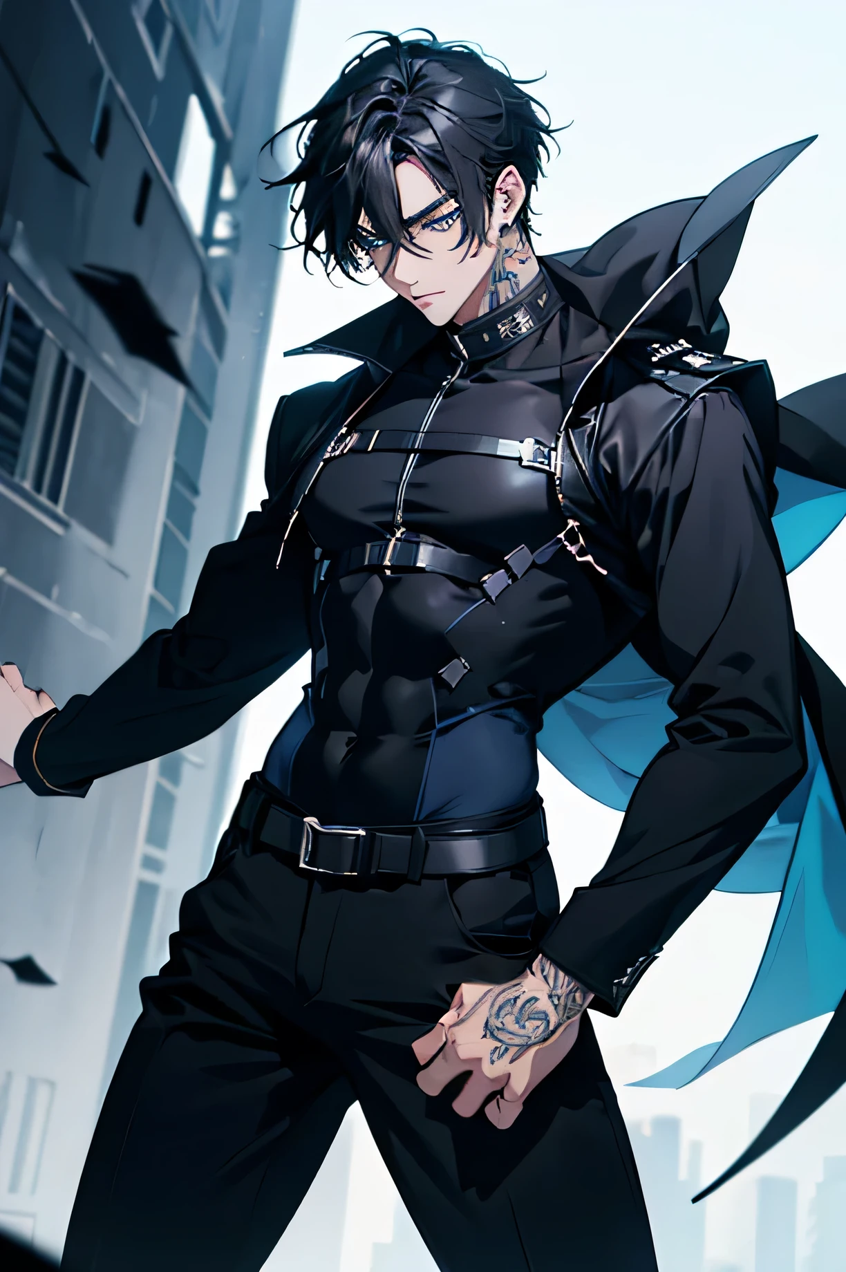 Hot anime man, with black medium hair, blue eyes, tall strong slim figure, black shrit rolled-up sleeves, black tight suit pants, black boots, with belts, forearm tattoos