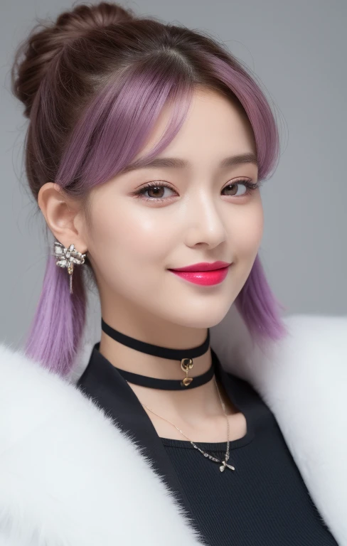 (Top Quality, 4k, Masterpiece: 1.3), korean Woman, 1 Girl, Sexy: 1.1, lilac Hair: 1.1, long hair, Glossy, Latex black crop top,fur-trimmed bomber jacket, Ultra Detailed Face, Detailed Lips, Detailed Eyes, Red Lipstick, happy smile with theeth, professional makeup,ear piercing, chocker, low twintails,swept bangs, bun_hairstyle