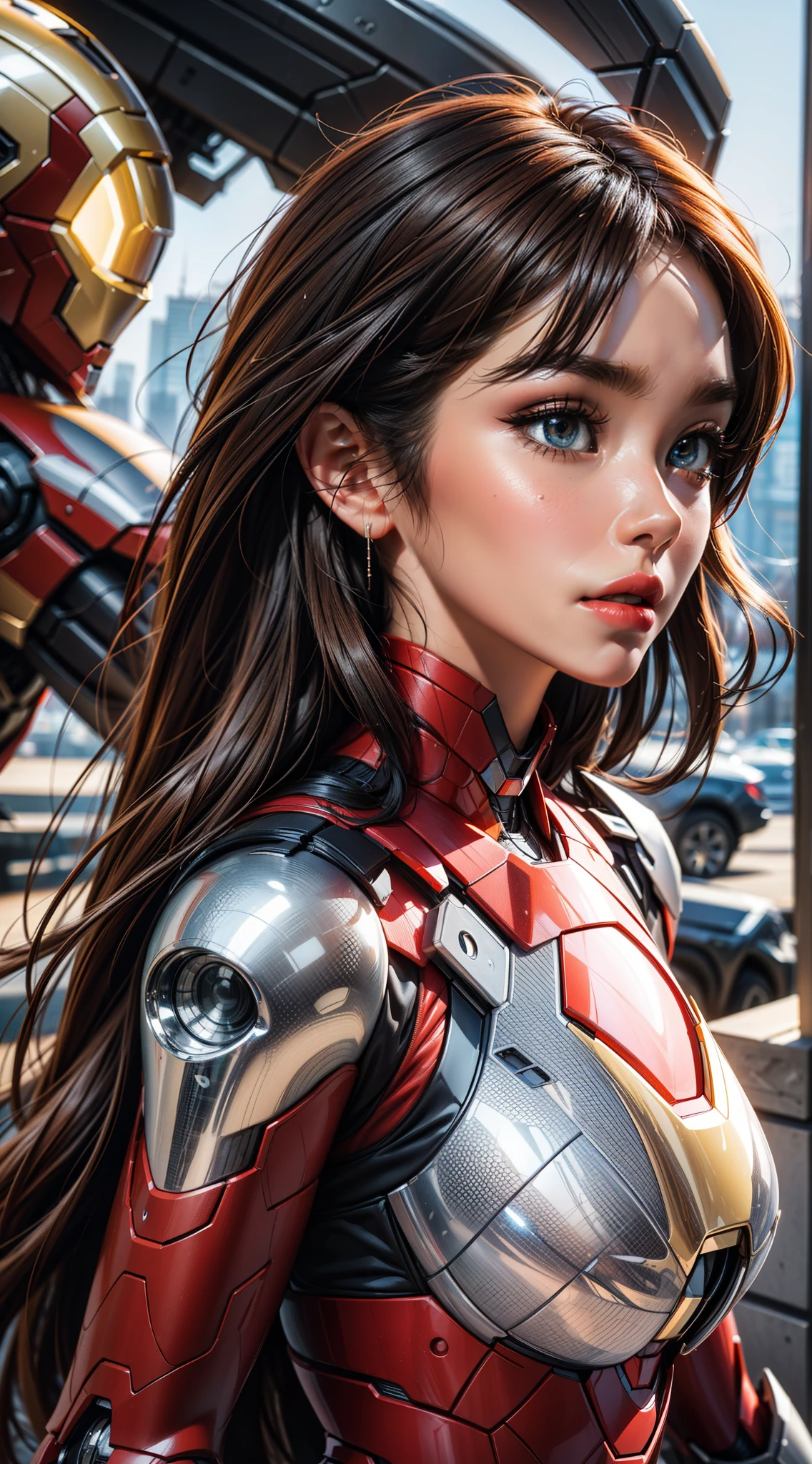 RAW, Masterpiece, Ultra Fine Photo,, Best Quality, Ultra High Resolution, Photorealistic, Sunlight, Full Body Portrait, Stunningly Beautiful,, Dynamic Poses, Delicate Face, Vibrant Eyes, (Side View) , she is wearing a futuristic Iron Man mech, very detailed background, detailed face, detailed busy background, messy, gorgeous, milky, high detailed skin, realistic skin details, visible pores, sharp focus, volume Fog, 8k uhd, dslr, high quality, film grain, fair skin, photorealism, lomography, sprawling metropolis in a futuristic dystopia, view from below, translucent
