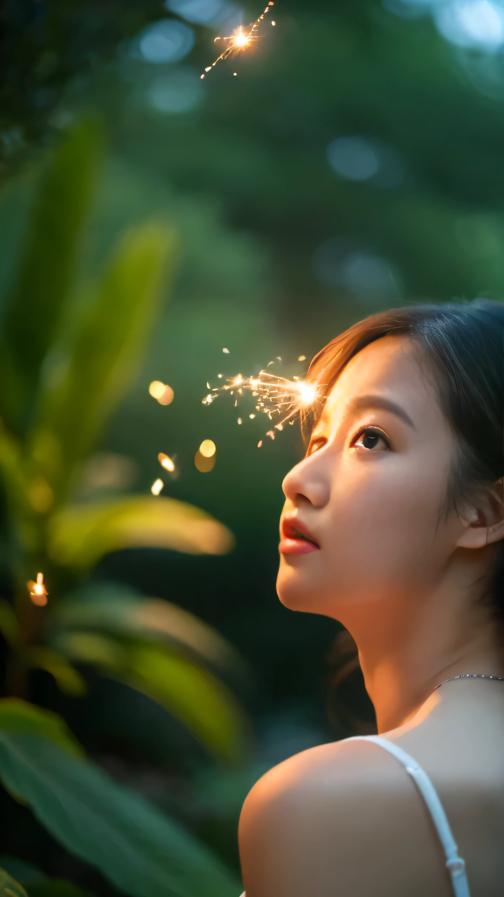 (8k, top quality, masterpiece: 1.2), (realistic, photorealistic: 1.37), super detail, one girl, wide angle of view, firefly garden, lots of small faint light and fireflies flying around, night