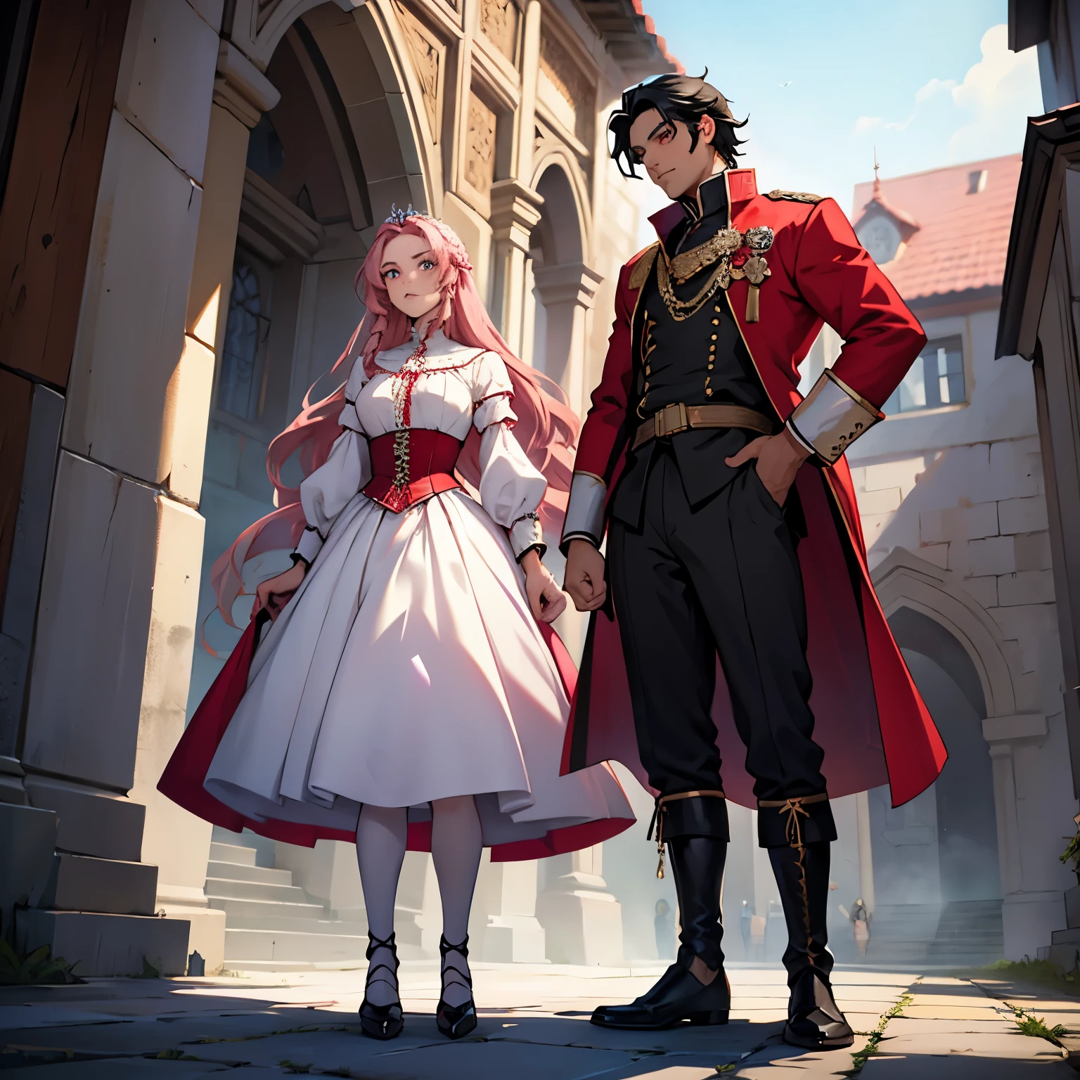 Guy and girl. The guy has red eyes and black hair. Historical outfit, prince. Girl has pink hair long and wavey and blue eyes. Historical outfit, Peasant. Full body