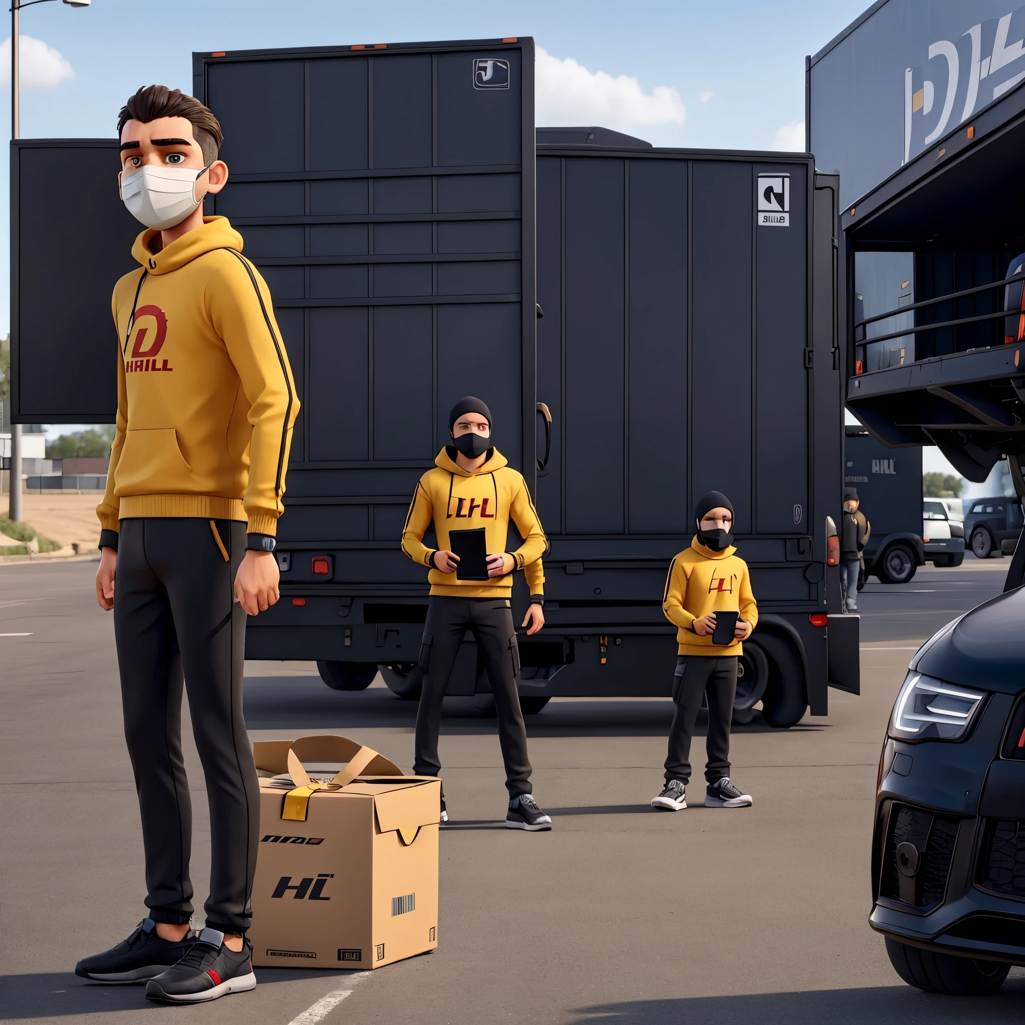 A man with a balaclava and a top from DHL stands in front of a black Audi rs6 and looks at his cell phone while in the background 3 men with balaclavas and DHL clothing unload a DHL delivery truck and unload the boxes full of cannabis