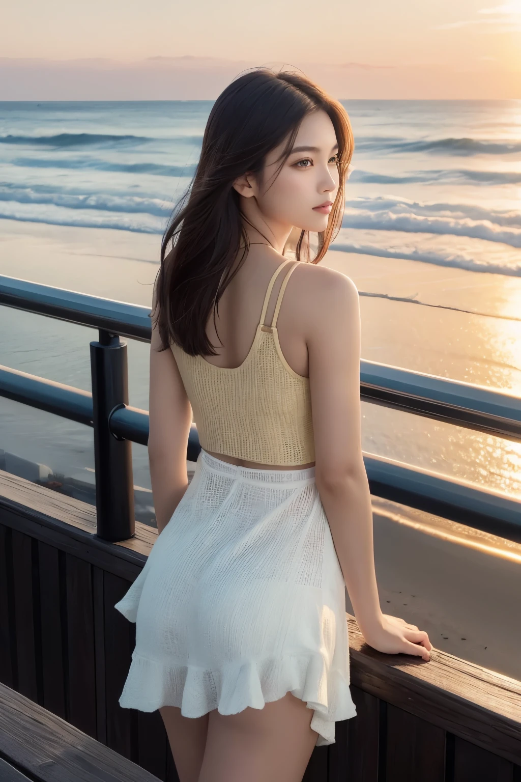Gorgeous Chinese model, standing by the seaside railing in a white, sporty tank top, captures the moment with a smartphone in hand, as the warm sunset light bathes the scene in a golden glow. The realistic painting brings to life the wide-angle, UHD view of the scene with an aspect ratio of 16:9, showcasing the golden sky above, the tranquil ocean below, and the model's inviting eyes reflecting the beauty of the moment. The artistry of the painting offers remarkable detail, showcasing the model's natural features and the intricate textures of her smartphone, resulting in a top-quality, ultra-detailed masterpiece