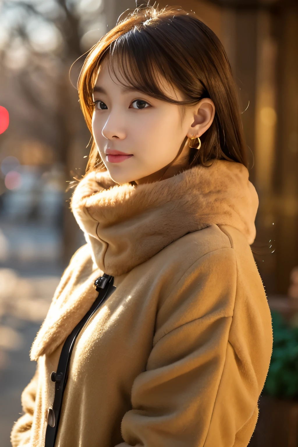 1 country girl,Stand whole body limb bare_wood, Brown_eye, Brown_hair, cross_earrings, Ear Nipple Ring, furred, Fur trimmed_coin, fur_collar, fur_scarf, fur_trim, gem, ミドルhair, looking for_in_viewer, exterior, solo, The wood, upper_body, winter, winter_Clothes, be familiar with_eye,, Chest Camera, golden-rinio face, golden rinio body, expensive、expensive品質,Ultra HD Full Body、モデルbody型