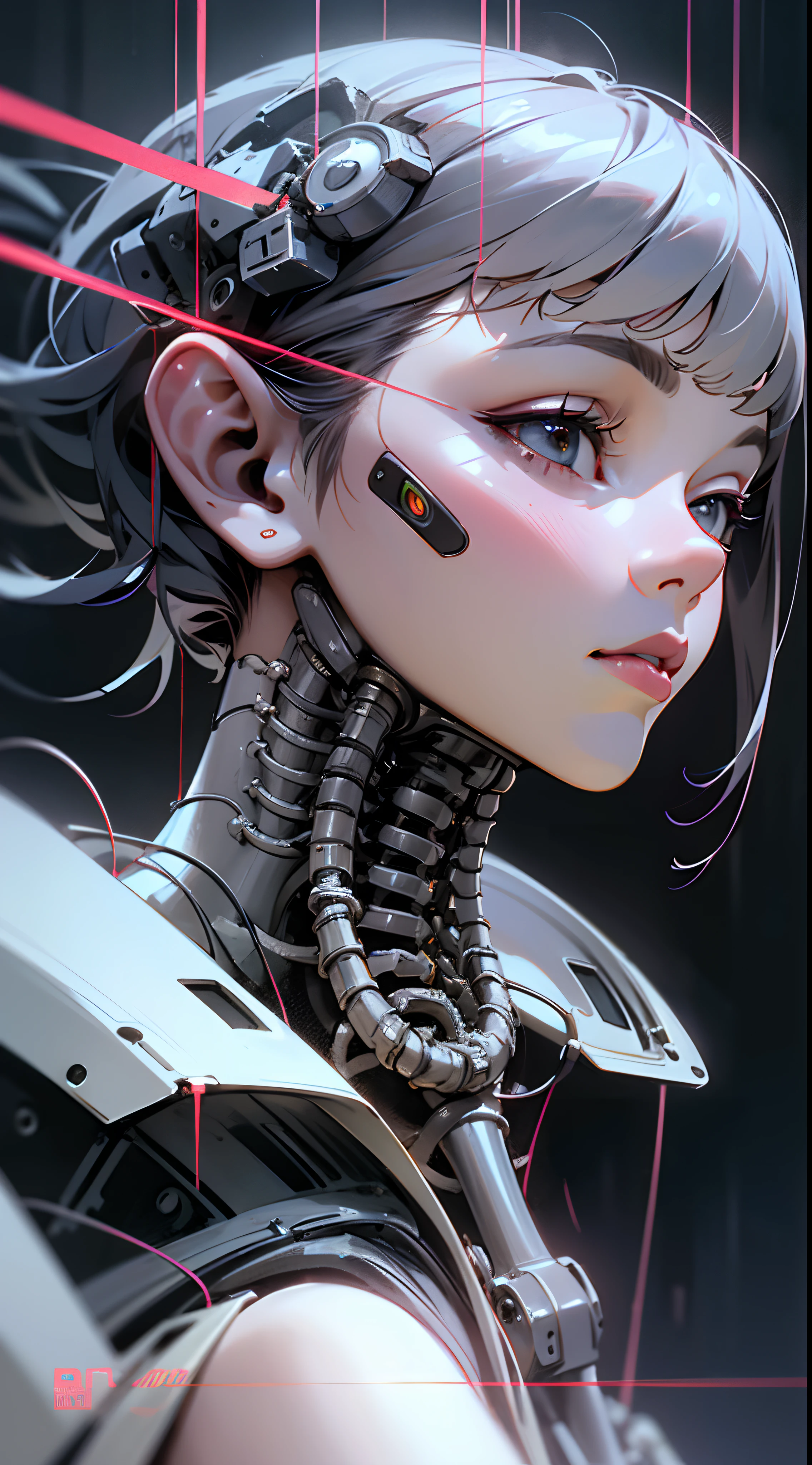 top quality, masterpiece, Ultra High resolution, ((lifelike: 1.4), raw Photo, 1 Cyberpunk Robot Girl, ((portrait)), shiny skin, (Ultra realistic Details)), Clear plastic covers mechanical limbs, Tubes attached to mechanical parts, Mechanical vertebrae attached to the spine, Cervical spine mechanical fixation in the neck, Wires and cables connected to the head, Shin Evangelion, ((Fantasma na Concha)), Small glowing LED lamp, global illumination, deep shadow, Octane rendering, 8k, Super sharp, Metal, intricate decorative details, Baroque details, very intricate details, realistic light, CG trends, face camera, Neon details, (Android factory in the background), H&#39;s Art.r. Giger and Alphonse Mucha.