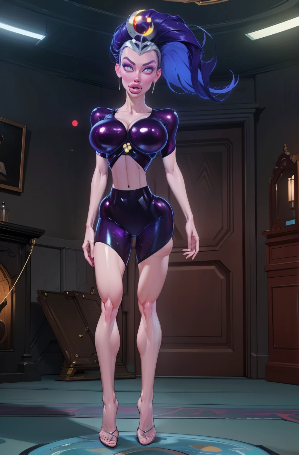 (dark lighting), (ultra intricately detailed), (super-detailed CG: 1.2) , (8K: 1.2),(Original), ((supernova)), (Aletta ocean face), galaxy body, ((indigo hair)), (white sclera), (Masterpiece) , (ri k and Morty character), (lavender face), (Best quality),(Masterpiece:1.4),Anime-ish high quality,(Masterpiece),(gigantic breasts), white neck piece, Masterpiece, Super clear picture quality，Clearer than movies,（Fine face）Best quality, absurderes,((masterpeace, 4K, 8K, Yes, A high resolution))1girll, bikini model，Ten-pack abs，Ten-pack abs，Ten-pack abs，Ten-pack abs，Ten-pack abs，Ten-pack abs，Ten-pack abs