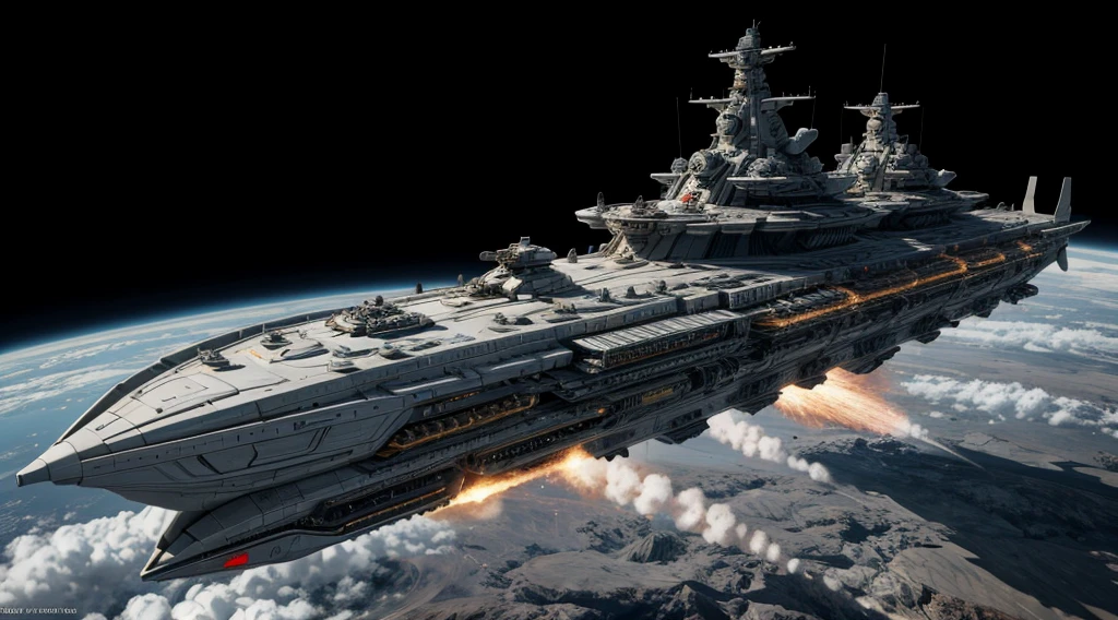 Burning spaceship masterpiece, Best quality:1.2, very high detail, ultra quality, artillery towers on the sides, flat two-level case, earth&#39;s atmosphere, 8K