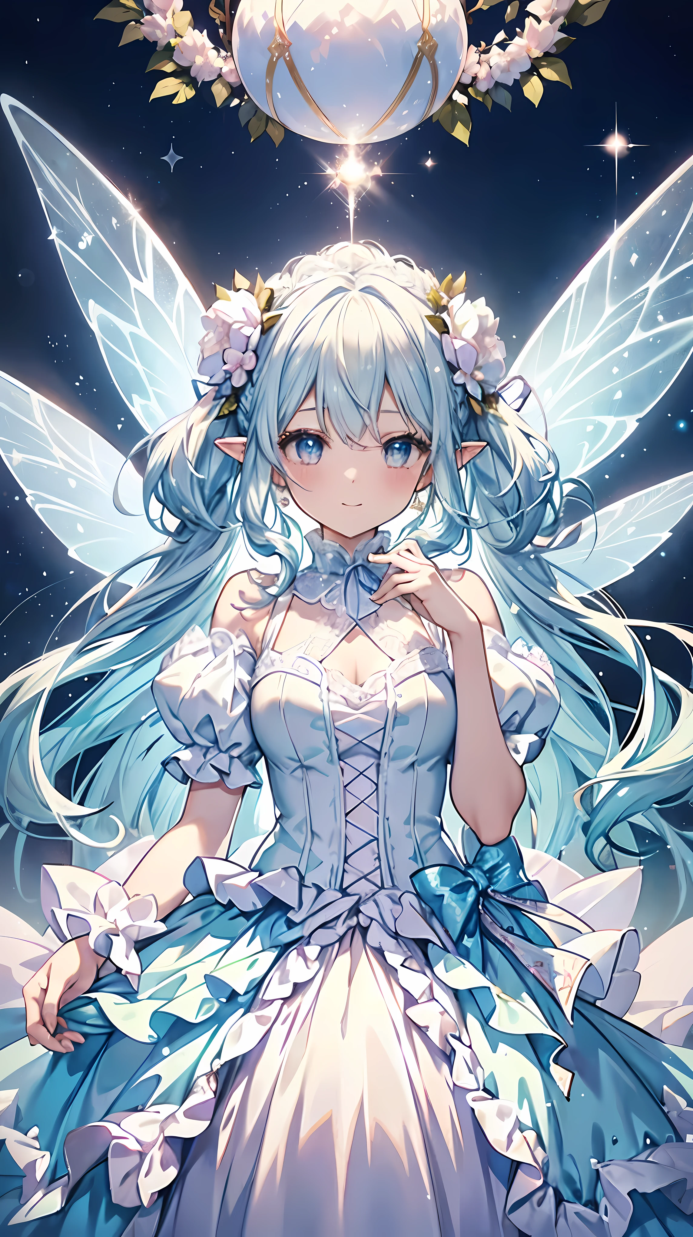 Ultra-realistic photo of a fairy in a majestic pastel ball gown dress, fun、smile、pastel tones、大きくbeautifulドレス, Intricate billowy ball gown with lots of roses, ruffles and rhinestones (highest quality, table top, art station, fantasy art,whole body:1.2), (palace room), beautiful, fairy princess、 ((giant white fairy wings))、 gradient hair, light blue hair, floating hair, fluffy hair、 hair in the wind, pastel wreath on head,long eyelashes, pointed ears,bright pupils, ((Sparkling fluffy layered ball gown,flower ribbon lace decoration))