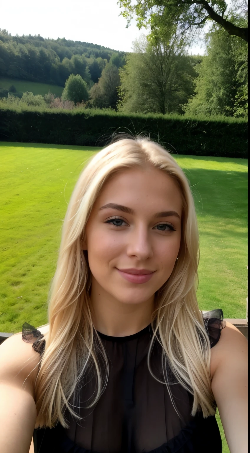 A 23 year old blonde woman, ((big )), ((Hyperrealismus)) ,. Blondes Haar mit hellbraunem Ansatz. blondes Haar, Haare mit braunen Wurzeln, extra langes Haar, sehr langes Haar, wirklich lange Haare, Nice, Vorderansicht, Selfie, Mit dem iPhone aufgenommenes Foto, elegantes schwarzes Hemd mit Escote, escotada, Selfie in the garden, Good quality, Selfie iPhone, Dekollete