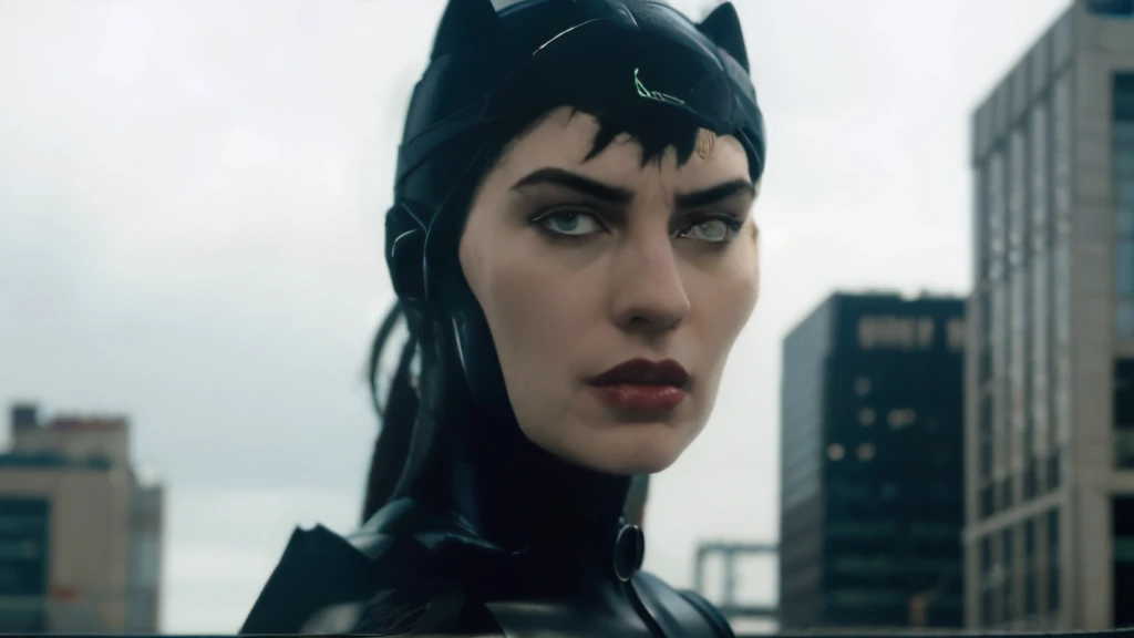 catwomen, near buildings, looking down with contempt, talking to someone, photorealistic, cinematic, (overcast) (front view) (full body) (low camera angle) (close up) 4k resolution, hyperdetailed, cinematic scene composition by james gunn