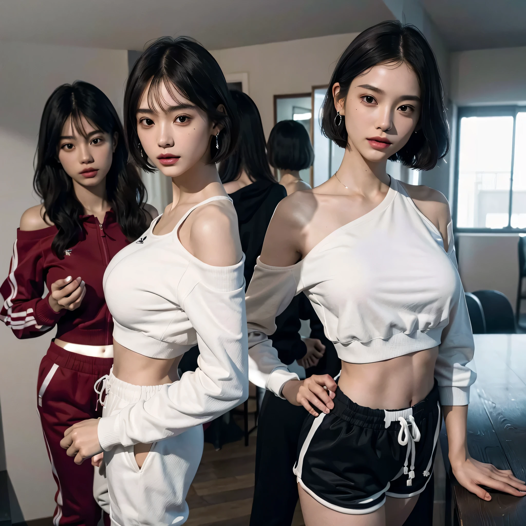 disorganized, RAW photo, very delicate and beautiful, masterpiece, highest quality, ultra high resolution, 16k, surreal, super detailed, perfect anatomy, super dense skin, perfect figure, Highly detailed CG 8k wallpaper, 20&#39;s, very slim body, (tight waist:1.1), very small head, very small face, delicate features, tearful mole, earrings, thin legs, (very huge round breasts:1.3), (full body shot:1.1), short hair, wavy hair, (3 girls:1.5), (tracksuit:1.3), abdomen, (shorts:1.1), (off shoulder:1.1),