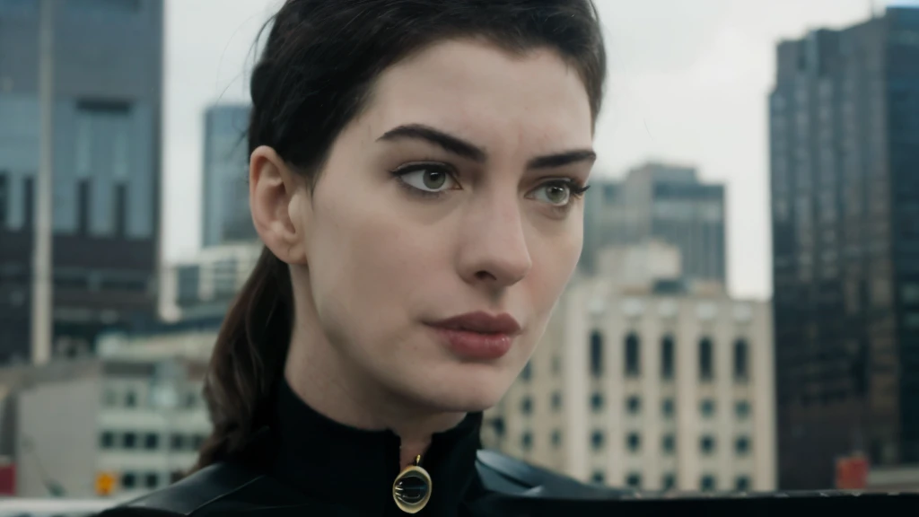 anne hathaway as catwomen, near buildings, looking down with contempt, talking to someone, photorealistic, cinematic, (overcast) (front view) (low camera angle) (close up) 4k resolution, hyperdetailed, cinematic scene composition by james gunn