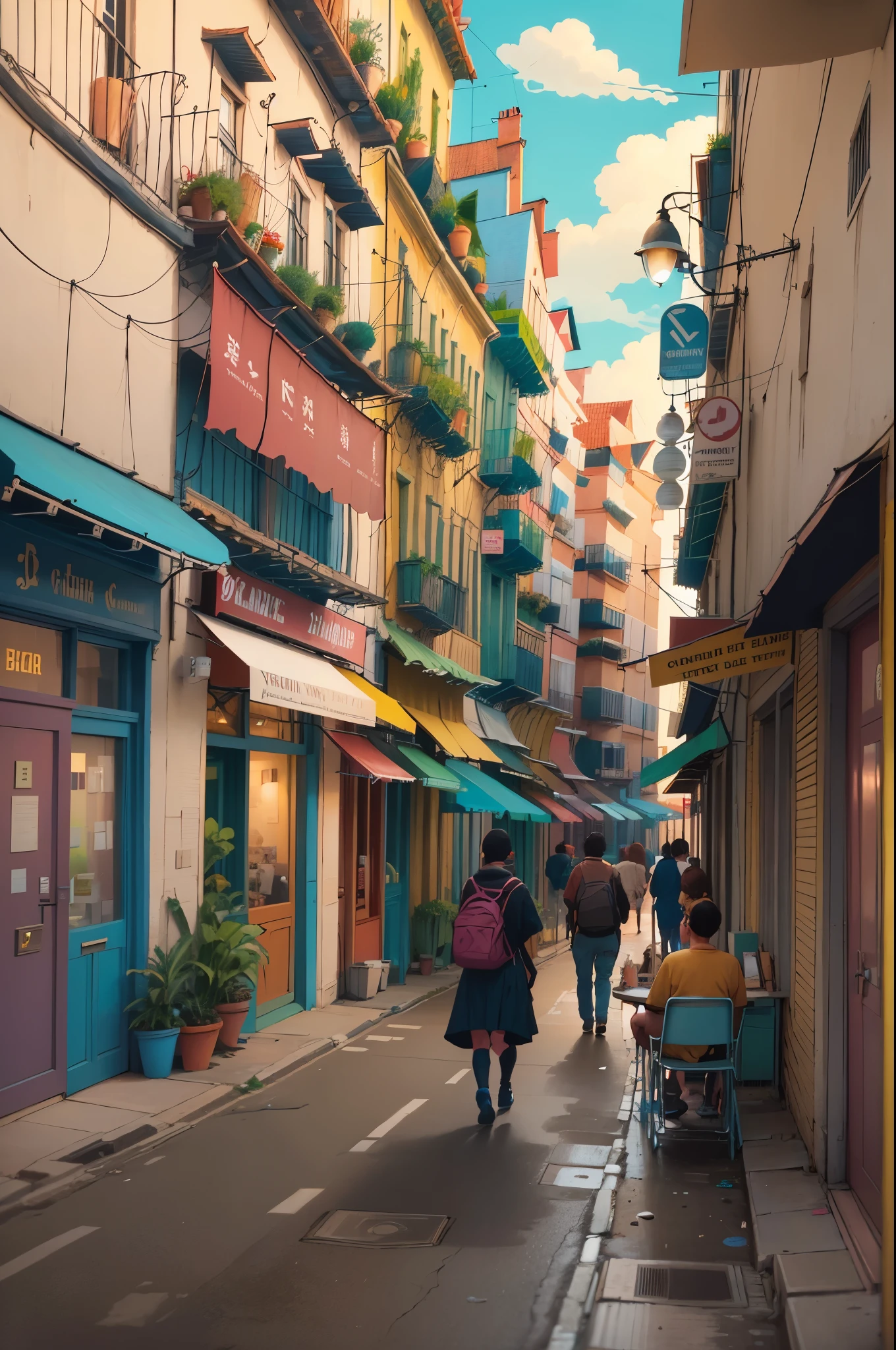 illustration of a street scene with people sitting at tables and walking, by Raphaël Collin, by Bernard D’Andrea, inspired by Tomer Hanuka, ( asaf hanuka ), by Asaf Hanuka, by Tomer Hanuka, by Clément Serveau, inspired by Asaf Hanuka, by Róbert Berény, french comic style