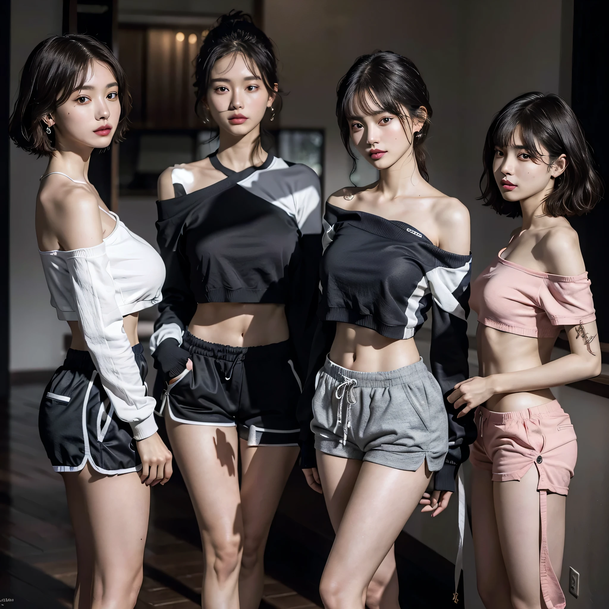 disorganized, RAW photo, very delicate and beautiful, masterpiece, highest quality, ultra high resolution, 16k, surreal, super detailed, perfect anatomy, super dense skin, perfect figure, Highly detailed CG 8k wallpaper, 20's, very slim body, (tight waist:1.1), very small head, very small face, delicate features, tearful mole, earrings, thin legs, (very huge round breasts:1.3), (full body shot:1.1), short hair, wavy hair, (3 girls:1.7), (tracksuit:1.3), abdomen, (shorts:1.2), (off shoulder:1.2),