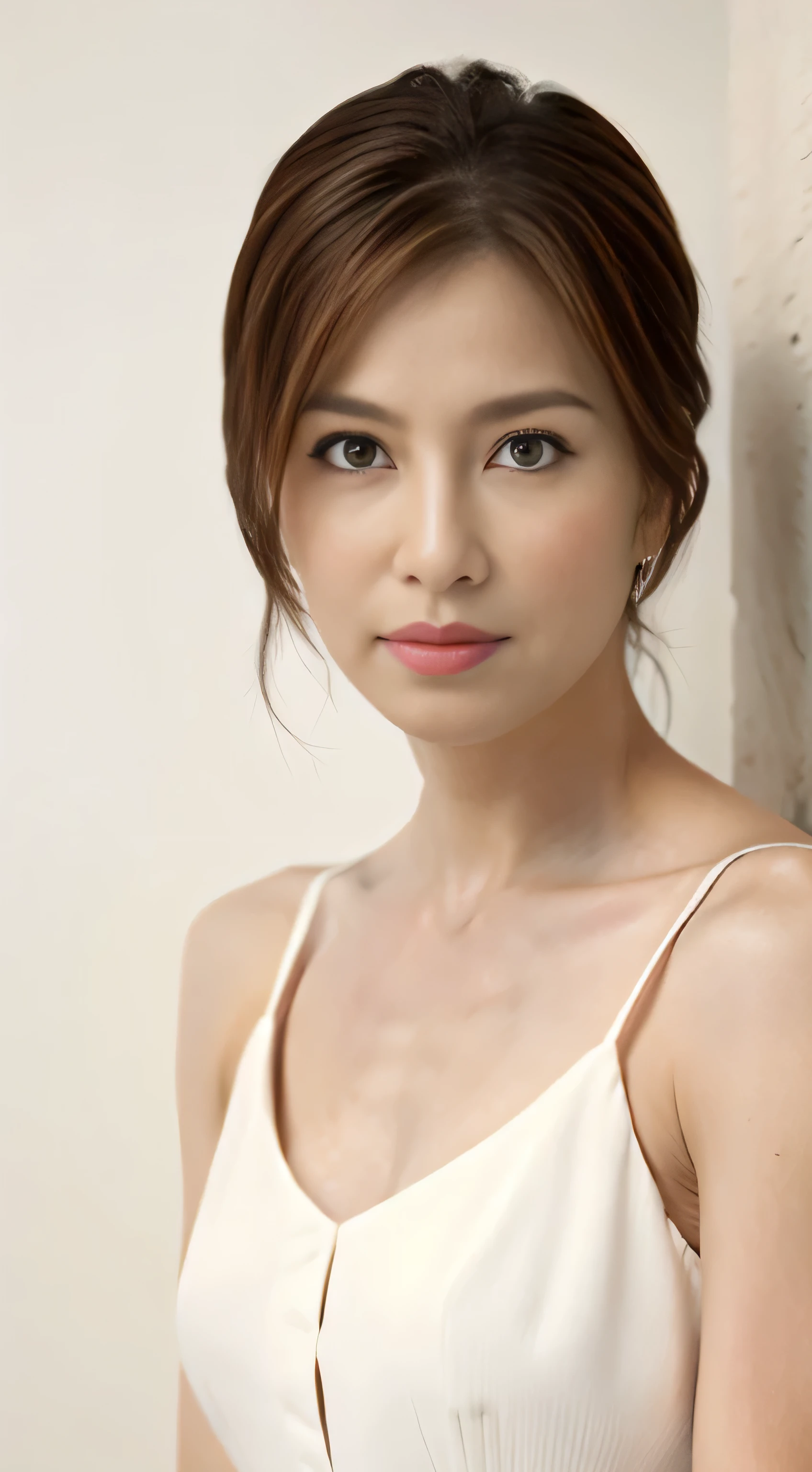 Masseter muscle part, highest quality, masterpiece, High resolution, Photoreal, RAW photo, 8k wallpaper, perfection, professional lighting, very detailed, written boundary depth,pale plain background, ((one beautiful woman)), ((40 years old)), women sexy, detailed face, beautiful eyes, bangs, good shape big breasts, light brown straight hair, faint lips, ((stand in front、look at the audience, serious face eyes.)), white dress, cowboy shot